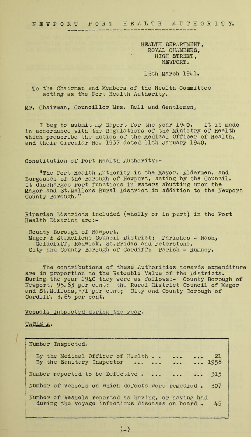 HEALTH DEPARTMENT, ROYAL CHAMBERS, HIGH STREET, NEWPORT. 15th March 1941* To the Chairman and Members of the Health Committee acting as the Port Health Authority. Mr. Chairman, Councillor Mrs. Bell and Gentlemen, I beg to submit my Report for the year 1%0. It is made in accordance with the Regulations of the Ministry of Health which prescribe the duties of the Medical Officer of Health, and their Circular No. 1937 dated 11th January 1940. Constitution of Port Health Authority:- The Port Health .Authority is the Mayor, Aldermen, and Burgesses of the Borough of Newport, acting by the Council. It discharges Port functions in waters abutting upon the Magor and St.Mellons Rural District in addition to the Newport County Borough. Riparian Districts included (wholly or in part) in the Port Health District are :- County Borough of Newport. Magor & St,Mellons Council District: Parishes - Nash, Goldcliff, Redwick, St.Brides and Peterstone. City and County Borough of Cardiff: Parish - Rumney. The contributions of these Authorities towards expenditure are in proportion to the Rateable Value of the Districts. During the year 1940 they were as follows:- County Borough of Newport, 95®63 per cent: the Rural District Council of Magor and St.Mellons, *71 per cent; City and County Borough of Cardiff, 3.65 per cent. Vessels Inspected during the year. TABLE A. I Number Inspected. By the Medical Officer of Health ... 21 By the Sanitary Inspector ... 1958 Number reported to be Defective , 315 Number of Vessels on which defects were remedied • 307 Number of Vessels reported as having, or having had during the voyage infectious diseases oh board • 45 (1)