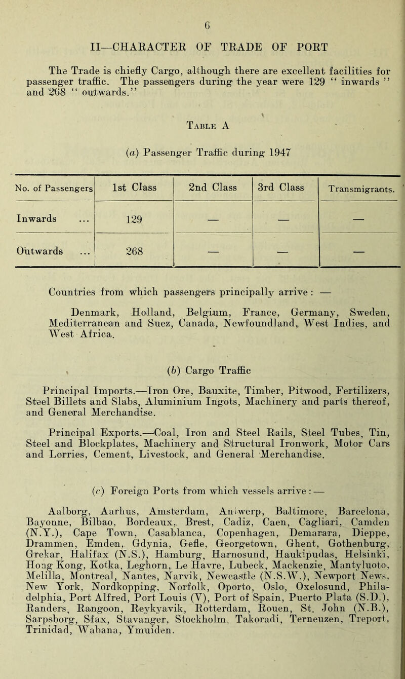 II—CHAEACTEE OF TEADE OF POET The Trade is chiefly Cargo, although there are excellent facilities for passenger traffic. The passengers during the year were 129 “ inwards ” and 2'68 “ outwards.” Table A (a) Passenger Traffic during 1947 No. of Passengers 1st Class 2nd Class 3rd Class Transmigrants. Inwards 129 — — — Outwards 268 — — — Countries from which passengers principally arrive : — Denmark, Holland, Belgium, France, Germany, Sweden, Mediterranean and Suez, Canada, Newfoundland,, West Indies, and West Africa. , (b) Cargo Traffic Principal Imports.—Iron Ore, Bauxite, Timber, Pitwood, Fertilizers, Steel Billets and Slabs, Aluminium Ing’ots, Machinery and parts thereof, and General Merchandise. Principal Exports.—^Coal, Iron and Steel Eails, Steel Tubes, Tin, Steel and Blockplates, Machinery and Structural Ironwork, Motor Cars and Lorries, Cement, Livestock, and General Merchandise. (c) Foreign Ports from which vessels arrive : — Aalborg, Aarhus, Amsterdam, Antwerp, Baltimore, Barcelona, Bayonne, Bilbao, Bordeaux,. Brest, Cadiz, Caen, Cagliari, Camden (N.Y.), Cape Town, Casablanca, Copenhag-en, Demarara, Dieppe, Drammen, Emden,. Gdynia, Gefle, Georgetown, Ghent, Gothenburg, Grekar, Halifax (N.S.), Hamburg, Harnosund, Haukipudas, Helsinki, Hong Kong, Kotka, Leghorn, Le Havre, Lubeck, Mackenzie, Mantyluoto, Melilla, Montreal, Nantes, Narvik, Newcastle (N.S.AV.), Newport News, New York, Nordkopping, Norfolk, Oporto, Oslo, Oxelosund, Phila- delphia,, Port Alfred, Port Louis (V), Port of Spain, Puerto Plata (S.D.), Banders, Eangoon, Eeykyavik, Eotterdam, Eouen, St. John (N.B.), Sarpsborg, Sfax, Stavanger, Stockholm. Takoradi, Terneuzen, Treport. Trinidad, Wabana, Ymuiden.