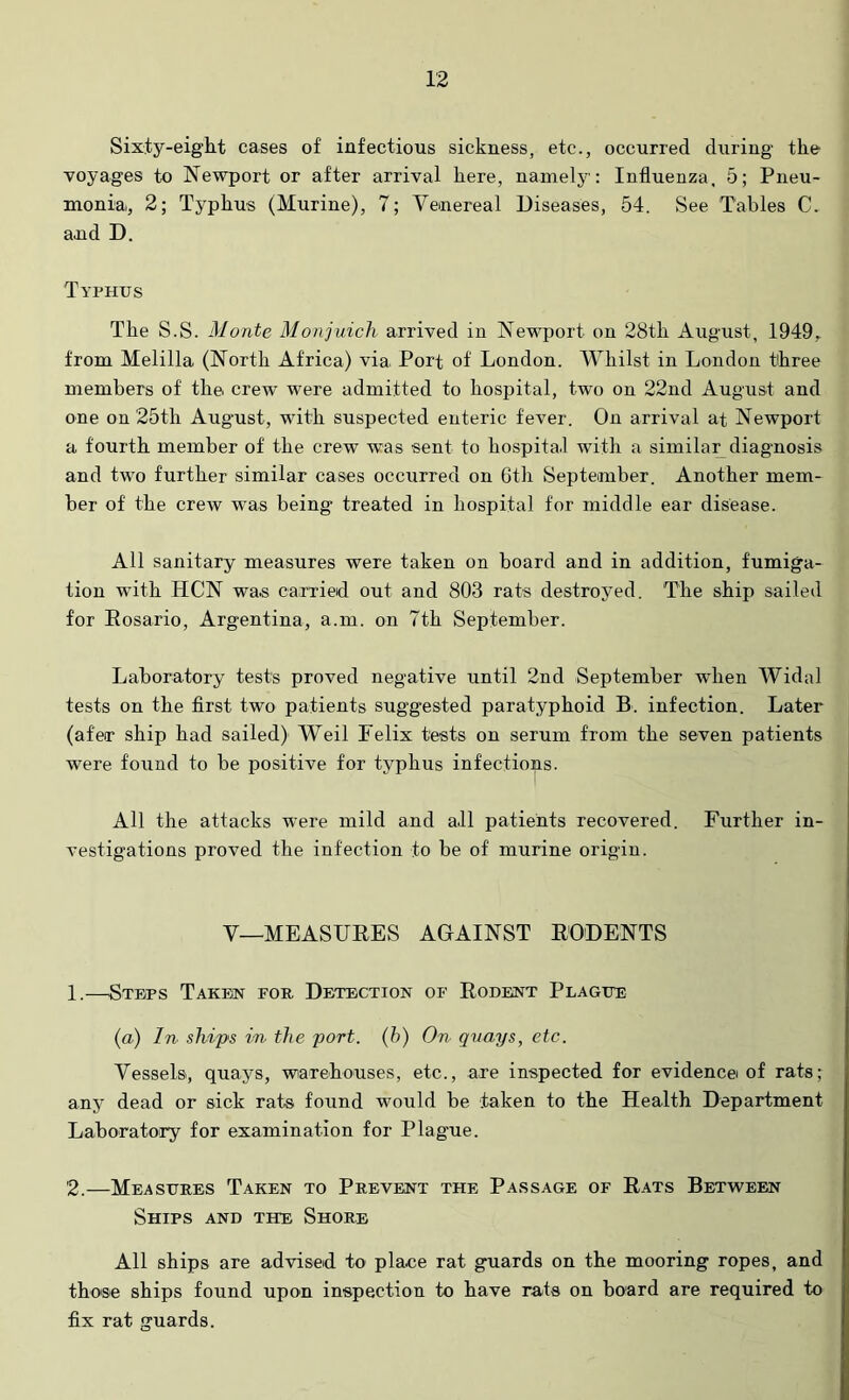 Sixty-eigh-t cases of infectious sickness, etc., occurred during the voyages to Newport or after arrival here, namely : Influenza. 5; Pneu- monia, 2; Typhus (Murine), 7; Venereal Diseases, 54. See Tables C. and D. Typhus The S.S. Monte Monjuich arrived in Newport on 28th August, 1949,. from Melilla (North Africa) via Port of London. Whilst in London three members of the crew were admitted to hospital, two on 22ud August and one on 25th Aug-ust, with suspected enteric fever. On arrival at Newport a fourth member of the crew was sent to hospital with a simila:r_diagnosis and two further similar cases occurred on Gth September. Another mem- ber of the crew was being treated in hospital for middle ear disease. All sanitary measures were taken on board and in addition, fumiga- tion with HCN was carried out and 803 rats destroyed. The ship sailed for Eosario, Argentina, a.m. on 7th September. Laboratory tests proved negative until 2nd September when Widal tests on the first two patients suggested paratyphoid B. infection. Later (afer ship had sailed) Weil Felix tests on serum from the seven patients were found to be positive for typhus infections. All the attacks were mild and all patients recovered. Further in- vestigations proved the infection to be of murine origin. V—MEASUEES AGAINST EODENTS 1. —Steps Taken for Detection of Eodent Plague (a) In ships in the port, (h) On qtiays, etc. Vessels, quays, warehouses, etc., are inspected for evidencei of rats; any dead or sick rats found would be .taken to the Health Department Laboratoiry for examination for Plague. 2. —Measures Taken to Prevent the Passage of Eats Between Ships and the Shore All ships are advised to place rat guards on the mooring ropes, and those ships found upon inspection to have rats on board are required to fix rat guards.