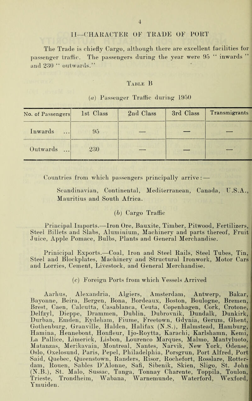 11—('HARACTEU OF TRADE UE PORT Tke Trade is cliiefly Cargo, altliougli tliere are excellent facilities tor pasvseug-er traffic. The pavssengers during- the year were 95 “ inwards ” and 250 “ outwards.” Table B {a) Passenger Traffic during 1950 No. of Passengers 1st Class 2nd Class 3rd Class Transmigrants Inwards 95 — — — Outwards ... 250 — — — ■ Countries from which passengers principally arrive: — Scandinavian, Continental, Mediterranean, Canada, E.S.A., Mauritius and South Africa. (6) Cargo Traffic Principal Imports.—Iron Ore, Bauxite, Timber, Pitwood, Fertilizers, Steel Billets and Slabs, Aluminium, Machinery and parts thereof. Fruit Juice, Apple Pomace, Bulbs, Plants and General Merchandise. Prinicipal Exports.—Coal, Iron and Steel Rails, Steel Tubes, Tin, Steel and Blockplates, Machinery and Structural Ironwork, Motor Cars and Lorries, Cement, Livestock, and General Merchandise. (c) Foreign Ports from which Vessels Arrived Aarhus, Alexandria, Algiers, Amsterdam, Antwerp, Bakar, Bayonne, Beira, Bergen, Bona, Bordeaiix, Boston, Boulogne, Bremen, Brest, Caen, Calcutta, Casablanca, Ceuta, Copenhagen, Cork, Crotone, Delfzyl, Dieppe, Drammen, Dublin, Dubrovnik, Dundalk, Dunkirk, Durban, Emden, Eydeham, Fiume, Freetown, Gdynia, Gerum, Ghent, Gothenburg, Granville, Halden, Halifax (N.S.j, Halmstead, Hamburg, Hamina, Hennebont, Honfleur, Ijo-Roytta, Karachi, Karlshamn, Kemi, La Pallice, Limerick, Lisbon, Lourenco Marques, Mahno, Mantyluoto, Matanzas, Merikavaia, Montreal, Nantes, Narvik, New York, Odense, Oslo, Oxelosund, Paris, Pepel, Philadelphia, Porsgrun, Port Alfred, Port Said, Quebec, Queenstown, Randers, Risor, Rochefort, Rosslare, Rotter- dam, Rouen, Sables D’Alonue, Safi, Sibenik, Skien, Sligo, St. John (N.B.), St. Malo, Sussac, Tanga, Tonnay Charente, Toppila, Toulon, Trieste, Trondheim, JVabana, Warnemunde, Waterford, Wexford, Ymuiden.