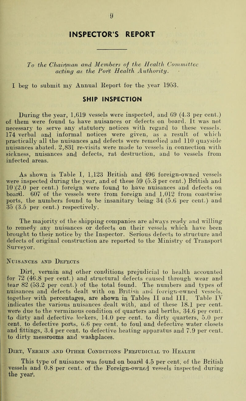 INSPECTORS REPORT To the Chaii\man and Mem-hers of the Health Comm-ittec acting as the Foht Health Authority. I beg- to submit my Aunual Eeport for the year 1953. SHIP INSPECTION During the year, 1,619 vessels were inspected, and 69 (4.3 per cent.) of them M^ere found to have nuisances or defects on board. It was not necessary to serve any statutory notices with regard to these vessels. 174 verbal and informal notices were given, as a result of which practically all the nuisances and defects wer'e remedied and 110 c^uayside nuisances abated. 2,831 re-visits were made to vessels in connection with sickness, nuisances and defects, rat destruction, and to vessels from infected areas. As shown is Table I, 1,123 British and 496 foreign-owned vessels were inspected during the year, and of these 59 (5.3' per cent.) Briitish and 10 1(2.0 per cent.) foreign were found to have nuisances and defects on hoard. 607 of the vessels were from foreign and 1,012 from coastwise ports, the numbers found to be insanitary being 34 (5.6 per cent.) and 35 (3.5 per cent.) respectively. The majority of the shipping companies are always ready and willing to remedy any nuisances or defects on their vessels which have been brought to their notice by the Inspector. Serious defects to structure and defects of original construction are reported to the Ministry of Transport Surveyor. NtJISANCES AND DEFECTS Dirt, vertnin and other conditions prejudicial to health accounted for 72 (46.8 per cent.) and structural defects caused through wear and teaF 82 (53.2 per cent.) of the total found. The numbers and types of nuisances and defects dealt with on British and foreign-owned vessels, together with percentages, are shown in Tables II and III. Table IV indicates the various nuisances dealt with, and of these 18.1 per cent, wer'e due to the verminous condition of quarters and berths, 34.6 per cent, to dirty and defective lockers, 14.0’ per cent, to dirty quarters, 5.0 per cent, to defective portts, 6^6 per cent, to foul and defective water closets and fittings, 3.4 per cent, to defective heating apparatus and 7.9 per cent, to dirty messrqoms and washplaces. Dirt,, Vermin .and Other Conditions Prejudicial to Health This type of nuisance was found on boarid 4.5 per cent, of the British vessels and 0.8 per cent, of the Foreign-ownp/d vessels inspected during the year'.