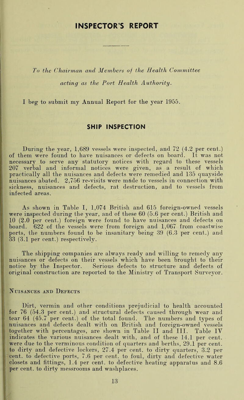 INSPECTOR’S REPORT To the (thainnan and Members of the Health Comviittee acting as the Port Health Authority. I beg to submit my Annual Report for the year 1955. SHIP INSPECTION During the year, 1,689 vessels were inspected, and 72 (4.2 per cent.) of them were foiind to have nuisances or defects on board. It was not necessary to serve any statutory notices with regard to these vessels 207 verbal and informal notices were given, as a result of which practically all the miisances and defects were remedied and 135 quayside nuisances abated. 2,756 re-visits were made to vessels in connection with sickness, nuisances and defects, rat destruction, and to vessels from infected areas. As shown in Table I, 1,074 British and 615 foreign-owned vessels were inspected diiring the year, and of these 60 (5.6 per cent.) British and 10 (2.0 per cent.) foreign were found to have nuisances and defects on board. 622 of the vessels were from foreign and 1,067 from coastwise ports, the numbers found to be insanitary being 39 (6.3 per cent.) and 33 (3.1 per cent.) respectively. The shipping companies are always ready and willing to remedy any nuisances or defects on their vessels which have been brought to their notice by the Inspector. Serious defects to structure and defects of original construction are reported to the Ministry of Transport Siirveyor. Nuisances and Defects Dirt, vermin and other conditions prejudicial to health accounted for 76 (54.3 per cent.) and structural defects caused throiigh wear and tear 64 (45.7 per cent.) of the total found. The numbers and types of nuisances and defects dealt with on British and foreign-owned vessels together with percentages, are shown in Table II and III. Table IV indicates the various nuisances dealt with, and of these 14.1 per cent, were due to the verminous condition of quarters and berths, 29.1 per cent, to dirty and defective lockers, 27.4 per cent, to dirty quarters, 3.2 per cent, to defective ports, 7.6 per cent, to foul, dirty and defective water closets and fittings, 1.4 per cent, to defective heating apparatus and 8.6 per cent, to dirty messrooms and washplaces.