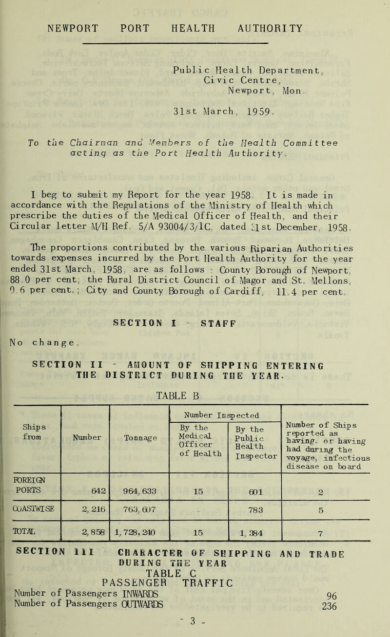 Public Health Department, Civic Centre, Newport, Mon 31st March, 1959. To the Chairman and '■/’embers of the Health Committee acting as the Port Health Authority. I beg to submit my Report for the year 1958 It is made in accordance with the Regulations of the Ministry of Health which prescribe the duties of the Medical Officer of Health, and their Circular letter M/H Ref, 5/A 93004/3/lC, dated 31st December, 1958. Ihe proportions contributed by the various Riparian Authorities towards expenses incurred by the Port Health Authority for the year ended 31st March, 1958( are as follows • County Borough of Newport, 88-0 per cent; the Rural District Council of Magor and St. Mellons, 0 6 per cent.; City and County Borough of Cardiff, 11„4 per cent. No change. SECTION I = STAFF SECTION II = ARIOCNT OF SHIPPING ENTERING THE DISTRICT DURING THE YEAR. TABLE B Ships from Number Tonnage Number Inspected Number of Ships rq)orted as having, or having had during the voyage, infectious disease on board By the Medical Officer of Health By the Public Health In^ ector EOEEIGN PORTS 642 964, 633 15 601 2 a»ASTv«;SE 2, 216 763, 607 -■ 783 5 TOTAL 2,858 1, 728, 240 15 1, 384 7 SECTION 111 CHARACTER OF SHIPPING AND TRADE DURING THE YEAR TABLE C PASSENGER TRAFFIC Number of Passengers INWARDS Number of Passengers OURVAPiDS 3 96 236