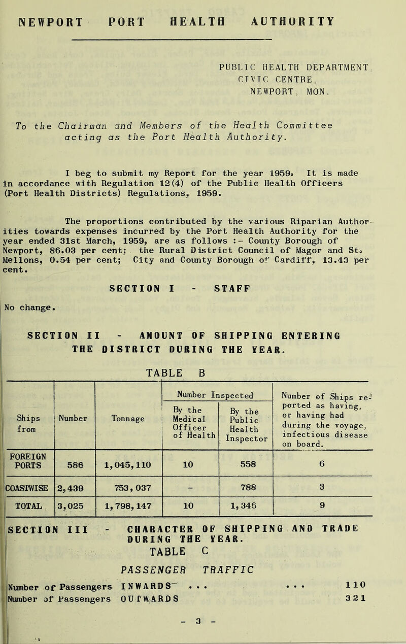 PUBLIC HEALTH DEPARTMENT CIVIC CENTRE. NEWPORT, MON. To the Chairman and Members of the Health Committee acting as the Port Health Authority. I beg to submit my Report for the year 1959» It is made in accordance with Regulation 12(4) of the Public Health Officers (Port Health Districts) Regulations, 1959. The proportions contributed by the various Riparian Author- ities towards expenses incurred by the Port Health Authority for the year ended 31st March, 1959, are as follows County Borough of Newport, 86.03 per cent; the Rural District Council of Magor and St» Mellons, 0.54 per cent; City and County Borough of Cardiff, 13.43 per cent. SECTION I STAFF No change. SECTION II - AMOUNT OF SHIPPING ENTERING THE DISTRICT DURING THE YEAR. TABLE B Ships from Number Tonnage Number Inspected Number of Ships re- ported as having, or having had during the voyage, infectious disease on board. By the Medical Officer of Health By the Public Health Inspector FOREIGN PORTS 586 1,045,110 10 558 6 COASTWISE 2,439 753,037 - 788 3 TOTAL 3,025 1, 798,147 10 1,346 9 SECTION III CHARACTER OF SHIPPING AND TRADE DURING THE YEAR. TABLE C PASSENGER TRAFFIC Number of Passengers INWARDS iber of Passengers OUTWARDS 110 3 2 1