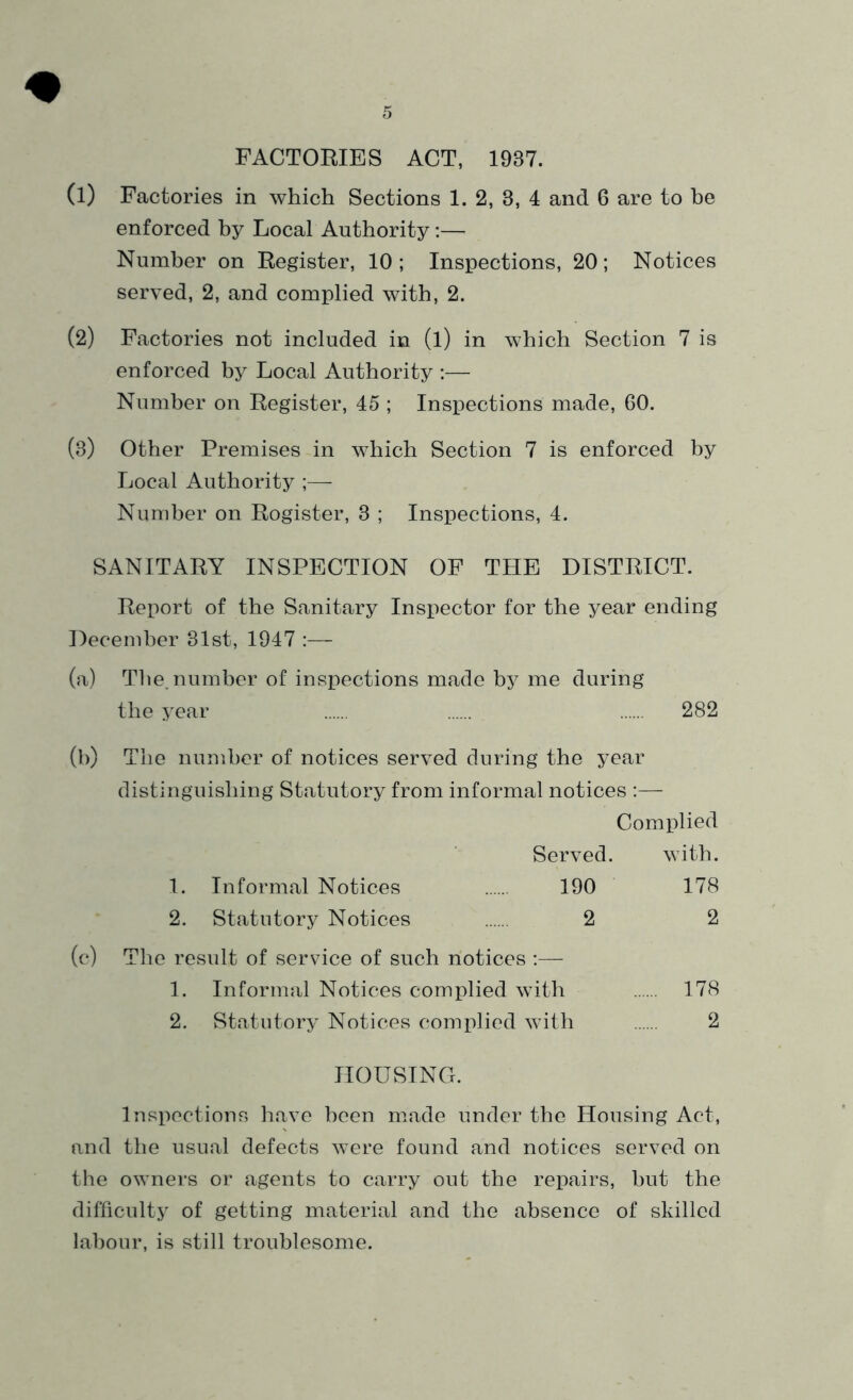 * FACTORIES ACT, 1987. (1) Factories in which Sections 1. 2, 8, 4 and 6 are to he enforced by Local Authority:—- Number on Register, 10 ; Inspections, 20; Notices served, 2, and complied with, 2. (2) Factories not included in (l) in which Section 7 is enforced by Local Authority :— Number on Register, 45 ; Inspections made, 60. (3) Other Premises in which Section 7 is enforced by Local Authority ;—- Number on Rogister, 3 ; Inspections, 4. SANITARY INSPECTION OF THE DISTRICT. Report of the Sanitary Inspector for the year ending December 31st, 1947 :— (a) The. number of inspections made by me during the year 282 (b) The number of notices served during the year distinguishing Statutory from informal notices :— Complied Served. with. 1. Informal Notices 190 178 2. Statutory Notices 2 2 (c) The result of service of such notices :— 1. Informal Notices complied with 178 2. Statutory Notices complied with 2 HOUSING. Inspections have been made under the Housing Act, and the usual defects were found and notices served on the owners or agents to carry out the repairs, but the difficulty of getting material and the absence of skilled labour, is still troublesome.