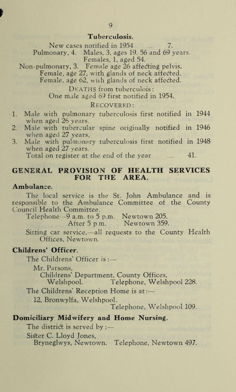 r 9 Tuberculosis. New cases notified in 1954 7. Pulmonary, 4. Males, 3, ages 19. 56 and 69 years. Females, 1, aged 54. Non-pulmonary, 3. Female age 26 affedting pelvis. Female, age 27, with glands of neck affedted. Female, age 62, wiih glands of neck affedted. DEATHS from tuberculois: One male aged 69 first notified in 1954. Recovered : 1. Male with pulmonary tuberculosis first notified in 1944 when aged 26 years. 2. Male with tubercular spine originally notified in 1946 when aged 27 years, 3. Male with pulmonary tuberculosis first notified in 1948 when aged 27 years. Total on register at the end of the year 41. GENERAL PROVISION OF HEALTH SERVICES FOR THE AREA. Ambulance. The local service is the St. John Ambulance and is responsible to the Ambulance Committee of the County Council Health Committee. Telephone—9 a.m. to 5 p.m. Newtown 205. After 5 p.m. Newtown 359. Sitting car service,—all requests to the County Health Offices, Newtown. Childrens’ Officer. The Childrens’ Officer is :— Mr. Parsons, Childrens’ Department, County Offices, Welshpool. Telephone, Welshpool 228. The Childrens’ Reception Home is at:— 12, Bronwylfa, Welshpool. Telephone, Welshpool 109. Domiciliary Midwifery and Home Nursing. The distridf is served by :— Sifter C. Lloyd Jones, Bryneglwys, Newtown. Telephone, Newtown 497.