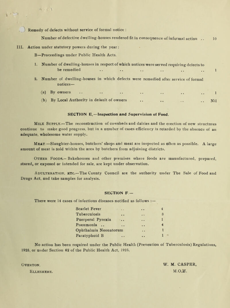 1 1 Remedy of defects without service of formal notice : Number of defective dwelling-houses rendered fit in consequence of informal action .. 10 III. Action under statutory powers during the year: B—Proceedings under Public Health Acts. 1. Number of dwelling-houses in respect of which notices were served requiring detects to be remedied .. .. .. .. ,, ,, i 2. Number of dwelling-houses in which defects were remedied after service of formal notices— (a) By owners .. .. .. .. .. .. ., i (b) By Local Authority in default of owners .. .. ,, mm NU SECTION E. —Inspection and Supervision of Food. Milk Supply.—The reconstruction of cowsheds and dairies and the erection of new structures continue to make good progress, but in a number of cases efficiency is retarded by the absence of an adequate, wholesome water supply. Meat—Slaughter-houses, butchers’ shops and meat are inspected as often as possible. A large amount of meat is sold within the area by butchers from adjoining districts. Other Foods.— Bakehouses and other premises where foods are manufactured, prepared, stored, or exposed or intended for sale, are kept under observation. Adulteration, etc.—The County Council are the authority under The Sale of Food and Drugs Act, and take samples for analysis. SECTION F — There were 14 cases of infectious diseases notified as follows :— Scarlet Fever .. .. 4 Tuberculosis .. .. 3 Puerperal Pyrexia .. .. 1 Pneumonia .. .. .. 4 Ophthalmia Neonatorum .. 1 Paratyphoid B .. .. 1 No action has been required under the Public Health (Prevention of Tuberculosis) Regulations, 1925, or under Section 62 of the Public Health Act, 1925. Overton. W. M. CASPER, M.O.H. Ellesmere.