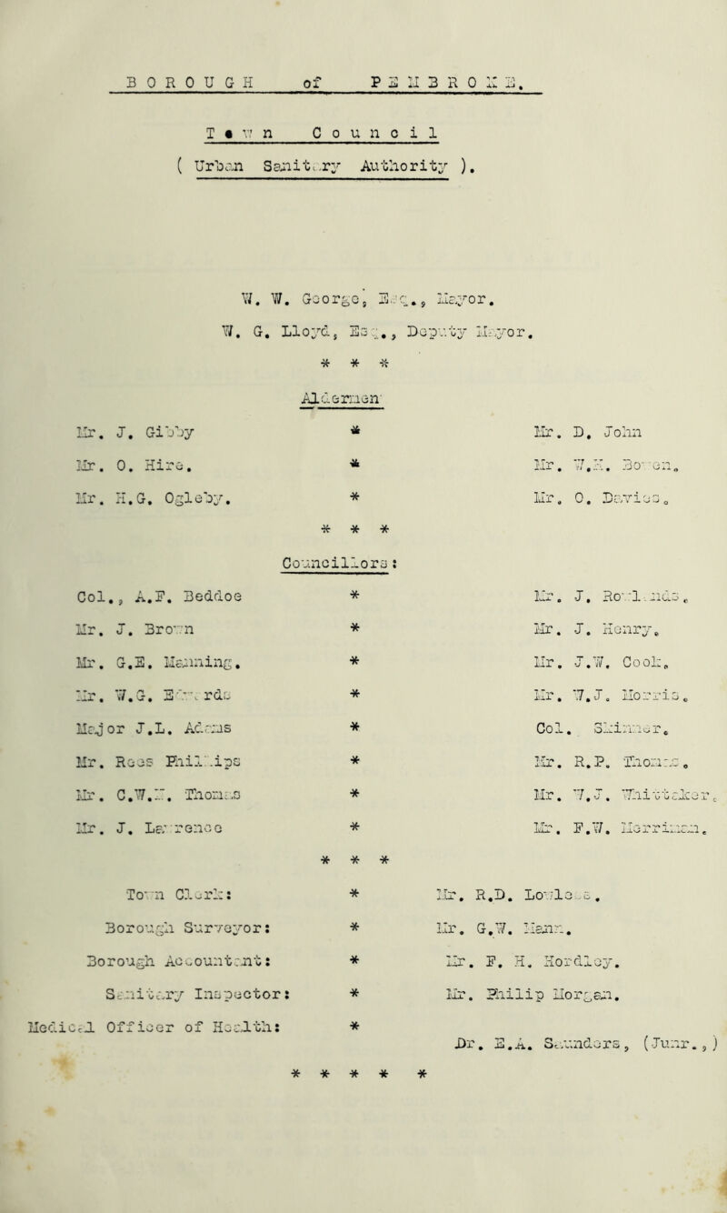 T • v? n Council ( Urban Sanitary Authority ). V/. W. George, Esq., Mayor. W. G. Lloyd 5 Ee: • ? Deputy Mayor. * * ■ft Aldermen' Hr. J. Gihhy * Hr. D, -J ohn Mr. 0. Hire. * Hr. 77. K. 3oGii, Mr. H.G. Oglehy. * Mr. 0. Davies, * * * Councillors; Col., A.E. Beddoe * Hr. -J. Rovlmids, Mr. J. Broun * Hr. J. Henry. Mr. G.E, Maiming. * Mr. J.W, Cool:. Mr. 77.G. E h u rds * i'j.r # J71J 0 ij.0 ~? .L* i in 0 Mo j or J. L. Ad as * Col, Q-..iu..-o r . Mr. Roes Phillips * Mr. R.P. Thomas, Mr . C. W. U. Til onus * lie? # I 9 K/ % vTIll tr Oc.jji.vJj? c Mr. J. Laarence * Mr. R. v7, Me rr man. * * * Torn Clorh: * Mr. R.D. Louie,e. Borough Surveyor; * Mr. G.77. Mann. Borough Accountant: * i~cT. R. H. Hordloy. Sc.nitary Inspector : * Mr. Hiilip Morgan. icA Officer of Health; * Dr. E. A. Sc zanders , (-J unr., ) * * * * *