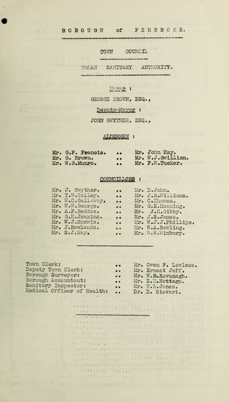 BOROUGH of PEMBROKE TOWN COUNCIL URBAN SANITARY. AUTHORITY. Mayo* : GEORGE BROWN, ESQ., JOHN GWYTHER, ESQ.., Mr. G.P. Francis. . » Mr. John Hay. Mr. G. Brown. • • Mr. W. J.Gwilliam. Mr. W.G.Munro. . . Mr. F.W.Tuoker. COUNCILLORS : Mr. J. Gwyther. • • Mr. D. John. Mr. T.W.Colley. • • Mr. J..R .Williams. Mr. W.C.Galloway. • • Mr. C.Thomas. Mr. W.W .George. • • Mr. G.E.Manning. Mr. A.F.B'eddoe. • • Mr. J .M.Glbby. Mr. G.H. Jenkins. • • Mr. J.S.James. Mr. W.J.Morris. » # Mr. W.J.J.Phillip Mr. J.Rowlands. • • Mr. W.A.Bowling. Mr. S.J.May. • ♦ Mr. W.W.Wiribury. Town Clerk: Deputy Town Clerk: ■ Borough Surveyor: Borough Accountant: Sanitary Inspector: • • • • Medical Officer of Health: .. Mr. Owen F, Lowless. • • • Mr. Ernest Jeff. .. Mr.. W.B..Kavanagh. Mr. E•M.Nottage. Mr. N.B.Jones. Dr. ,D. Stewart. • •
