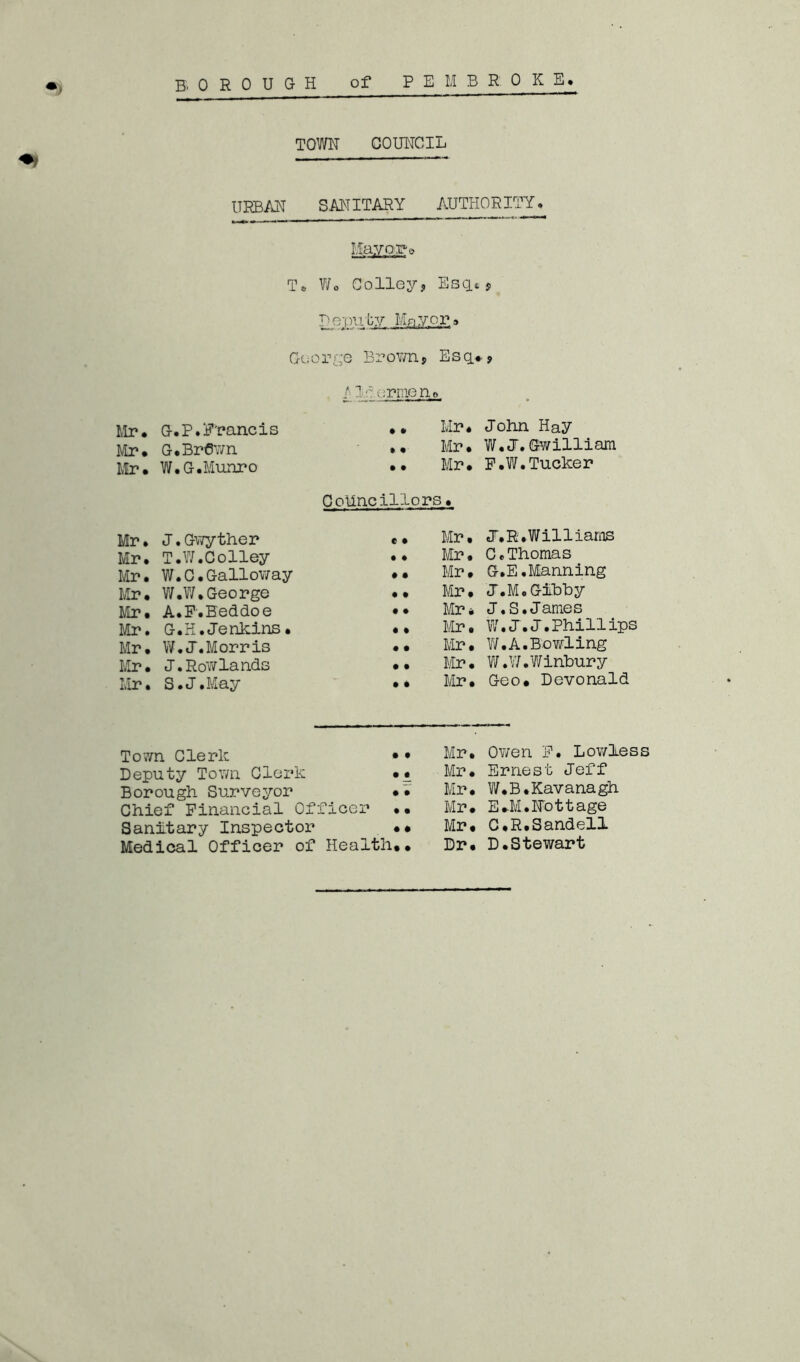 TOWN COUNCIL URBAN SANITARY AUTHORITY. May or-0 T* Wo Colley, Esq* $ Rep;!ky Moyer» Goo rue Brown, Esq.*, A Mermen* Mr. G.P.Francis • * Mr. John Hay Mr. G.BrCwn • • Mr. W.J.©william Mr. W.G.Munro • • Mr. F.W.Tucker CoUncill ors • Mr. J.Gwyther C • Mr. J.R.Williams Mr. T.W.Colley • ♦ Mr. C.Thomas Mr. W.C.Galloway • • Mr. G.E.Manning Mr. W.W.George • t Mr. J.M.Glbby Mr. A.F.Beddoe • • Mr. J.S.Janies Mr. G.K.Jerikins• .. Mr. W.J.J.Phillips Mr. W.J.Morris • • Mr. W.A.Bowling Mr. J.Rowlands • • Mr. W.W.Winbury Mr. S.J.May .* Mr. Geo. Devonald Town Clerk Deputy Town Clerk Borough Surveyor Chief Financial Officer Sanitary Inspector Medical Officer of Health Mr. Owen F. Lowless Mr. Ernest Jeff Mr. W.B.Kavanagh Mr. E.M.Nottage Mr. C.R.Sandell Dr. D.Stewart