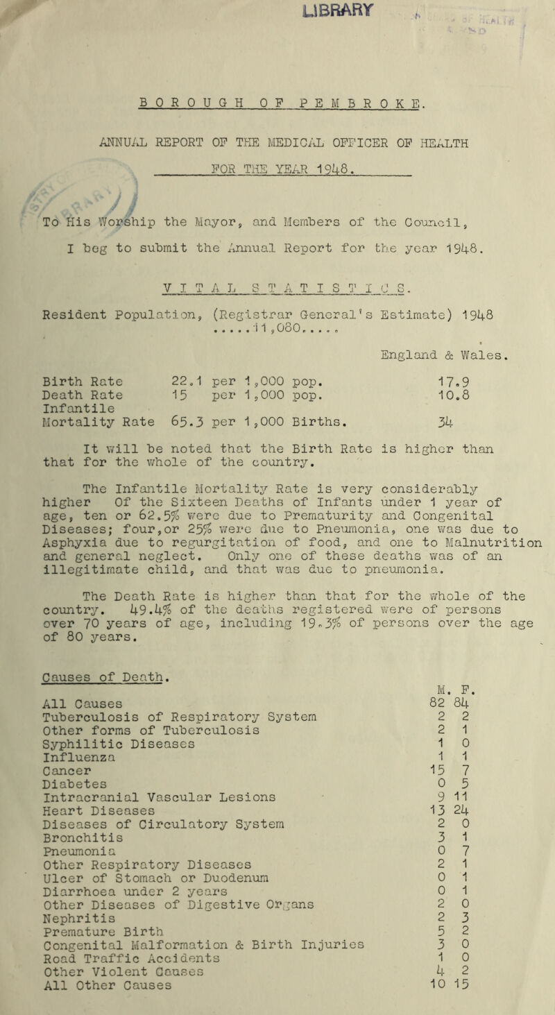 LIBRARY >1 > A ■ V '->1 BOROUGH OF PEMBROKE. ANNUAL REPORT OP THE MEDICAL OFFICER OP HEALTH POR THE YEAR 1948. To His Worship the Mayor, and Members of the Council, I hog to submit the Annual Report for the year 1948. V I T A L S T A T I S T I C O o „ Resident Population, (Registrar General's 11,080,..., Estimate) 1948 England & Wales. Birth Rate Death Rate Infantile Mortality Rate 22*1 per 1,000 pop. 15 per 1,000 pop. 65.3 per 1,000 Births. 17,9 10.8 34 It will be noted that the Birth Rate is higher than that for the whole of the country. The Infantile Mortality Rate is very considerably higher Of the Sixteen Deaths of Infants under 1 year of age, ten or 62,5% were due to Prematurity and Congenital Diseases; four,or 25% were due to Pneumonia, one was due to Asphyxia due to regurgitation of food, and one to Malnutrition and general neglect. Only one of these deaths was of an illegitimate child, and that was due to pneumonia. The Death Rate is higher than that for the whole of the country. 49.4% of the deaths registered were of persons over 70 years of age, including 19«3% of persons over the age of 80 years. Causes of Death. All Causes Tuberculosis of Respiratory System Other forms of Tuberculosis Syphilitic Diseases Influenza Cancer Diabetes Intracranial Vascular Lesions Heart Diseases Diseases of Circulatory System Bronchitis Pneumonia Other Respiratory Diseases Ulcer of Stomach or Duodenum Diarrhoea under 2 years Other Diseases of Digestive Organs Nephritis Premature Birth Congenital Malformation & Birth Injuries Road Traffic Accidents Other Violent Causes All Other Causes M. P. 82 84 2 2 2 1 1 0 1 1 15 7 0 5 9 11 13 24 2 0 3 1 0 7 2 1 0 1 0 1 2 0 2 3 5 2 3 0 1 0 4 2 10 15