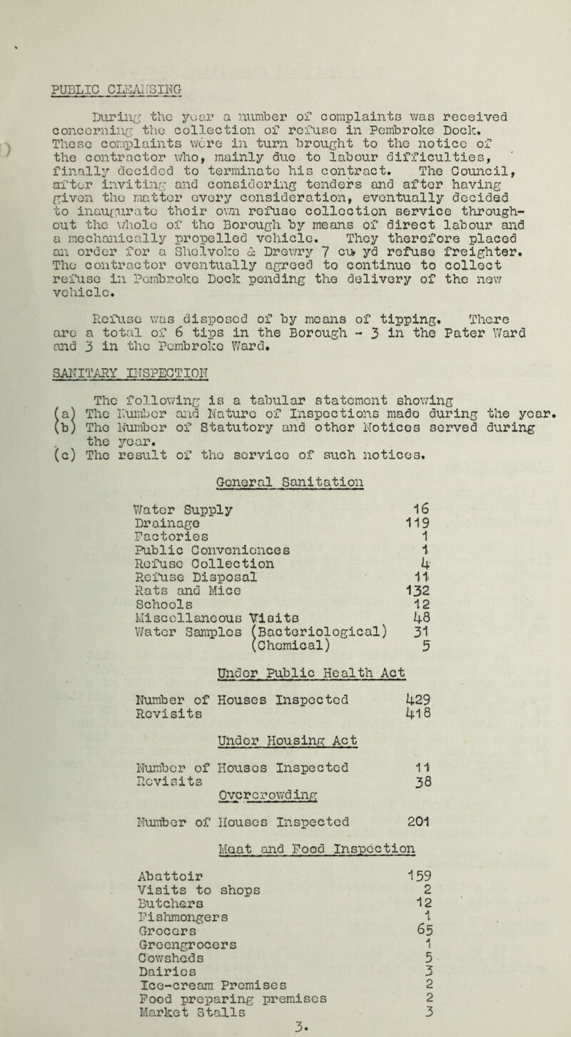 PUBLIC CLBAIfSIHG During the yoar a number of complaints was received concerning the collection of refuse in Pembroke Dock. These complaints were in turn brought to the notice of the contractor who, mainly due to labour difficulties, finally decided to terminate his contract. The Council, after inviting and considering tenders and after having given the matter every consideration, eventually decided to inaugurate their own refuse collection service through- out the whole of the Borough by means of direct labour and a mechanically propelled vehicle. They therefore placed an order for a Shclvoke & Drewry 7 cu yd refuse freighter. The contractor eventually agreed to continue to collect refuse in Pembroke Dock pending the delivery of the new vehicle. Refuse was disposed of by means of tipping. There are a total of 6 tips in the Borough - 3 in the Pater Ward and 3 in the Pembroke Ward. SANITARY INSPECTION The following is a tabular statement showing (a) The Lumber and Nature of Inspections made during the yoar. (b) The Lumber of Statutory and other Notices served during the year. (c) The result of the service of such notices. General Sanitation Water Supply Drainage Factories Public Conveniences Refuse Collection Refuse Disposal Rats and Mice Schools Miscellaneous Visits Water Samples 16 119 1 1 4 11i 132 12 48 31 5 Under Public Health Act Lumber of Houses Inspected Revisits 429 418 Under Housing Act Humber of Houses Inspected Revisits 11 38 Ovc rcrowding Lumber of Houses Inspected 2' Meat and Pood Inspection 201 Abattoir Visits to shops Butchers Fishmongers Grocers Greengrocers Cowsheds Dairies Ice-cream Premises Food preparing premises Market Stalls 159 2 12 1 65 1 5 3 2 2 3