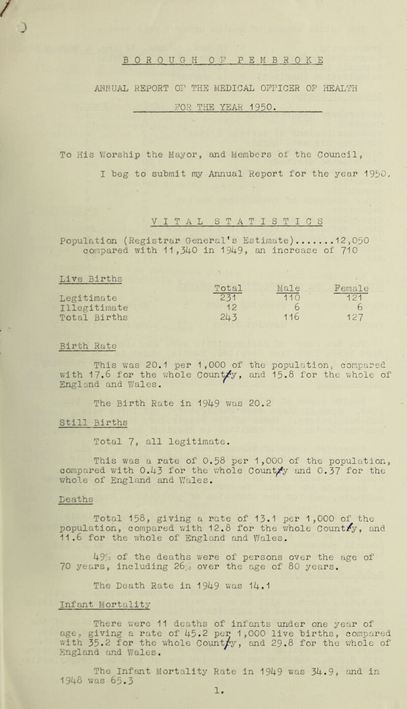 ANNUAL REPORT 0? THE MEDICAL OFFICER OF HEALTH FOR THE YEAR 1950. To His Yv'orship the Mayor, and Members of the Council, I beg to submit my Annual Report for the year 19DO, VITAL STATISTICS Population (Registrar General’s Estimate) 12,050 compared with 11,340 in 1949? an increase of 710 Live Births Total Male Female Legitimate 231 110 121 Illegitimate 12 6 6 Total Births 243 116 127 Birth Rate This was 20.1 per 1,000 of the population, compared with 17.6 for the whole Country, and 15.8 for the whole of England and Wales. f The Birth Rate in 1949 was 20.2 Still Births Total 7? all legitimate. This was a rate of 0.58 per 1,000 of the population, compared with 0.43 for the whole Country and 0.37 for the whole of England and Wales. Deaths Total 158, giving a rate of 13.1 per 1,000 of the population, compared with 12.8 for the whole Count/y, and 11.6 for the whole of England and Wales. 494 of' the deaths were of persons over the age of 70 years, including 26;3 over the age of 80 years. The Death Rate in 1949 was 14.1 Infant Mortality There were 11 deaths of infants under one year of age. giving a rate of 45.2 per 1,000 live births, compared with 35.2 for the whole Country, and 29.8 for the whole of England and V/ales. The Infant Mortality Rate in 1949 was 34.9? and in 1948 was 65.3 1