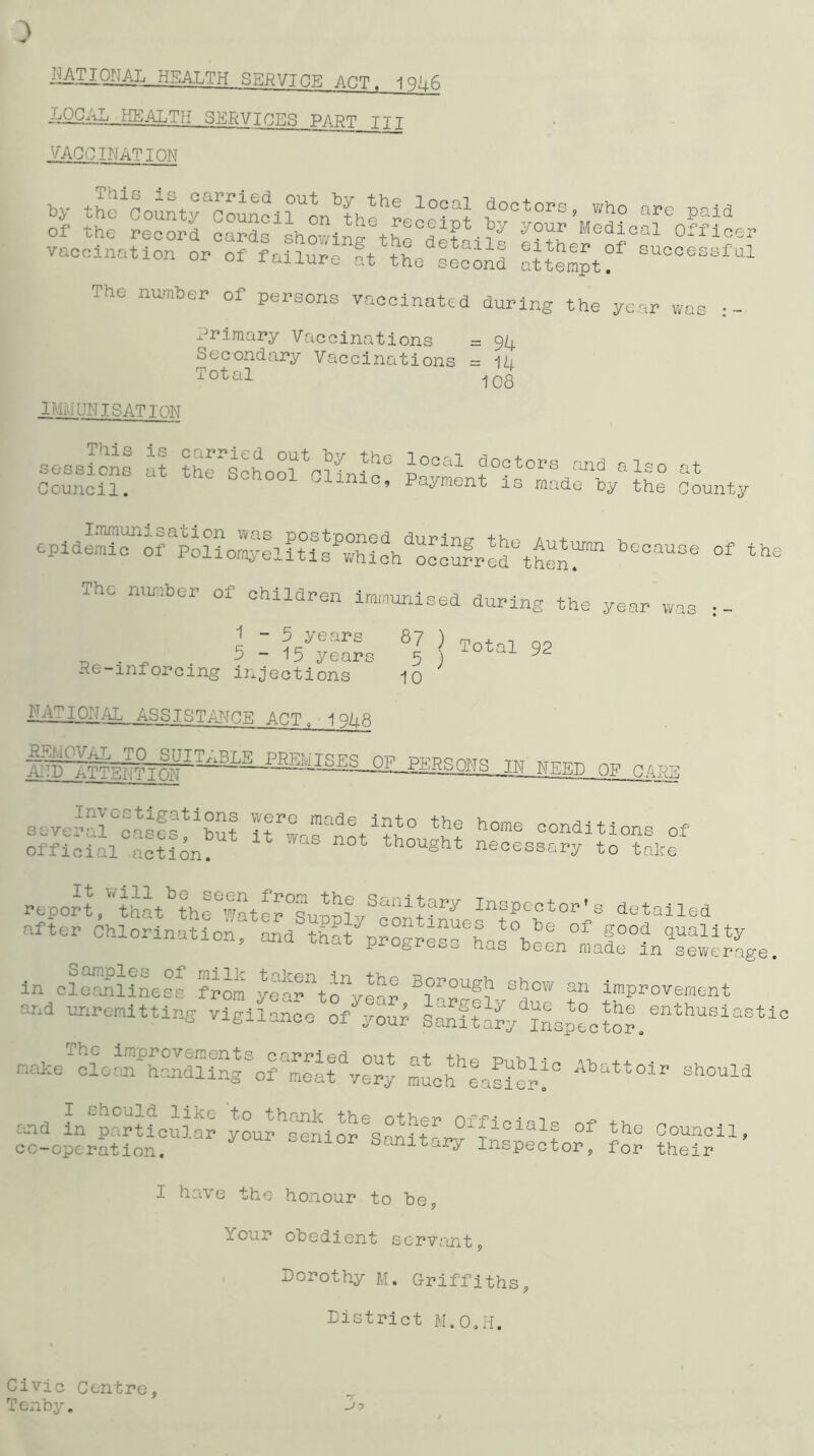 MIIQNAL HEALTH SERVICE ACT. iQhfi JiQCAL HEALTH SERVICES PART TTI VACCINATION by the'county^ounci^on^th^rco0^1} doctors? who are Paid of the record c• L •th,Jeceipt your Medical Officer SSStf The nu-raber of persons vaccinated during the year 1i/ < Primary Vaccinations = 94 Secondary Vaccinations = 1U Total 108 IMMUNISATION This is carried out hy the sessions at the School Clinic Council. ’ local doctors and also at Payment is made by the County epiderni^of^oliomyelitis^vvhich^ooourred'^then?™1 beoauoe of ths The number of children immunised during the year was 5 I 15yyea?s j **al 92 Pe-mforcing injections 10 NATIONAL ASSISTANCE ACT. 1948 #^^IgTfPTT^agJIMIggg OP H8BSCHS TN —n nr Investigations several cases, hut official action. were made into the home conditioi it was not thought necessary to i of re It will he seen from the report, that the Water Supply after Chlorination, and that Sanitary continue progress Inspector's detailed s to he of good quality has heen made in sewerage. Samples of milk taken in the m cleanliness from year to year rd unremitting vigilance of your Borough show an improvement largely due to the enthusi Sanitary Inspector. astic The Improvement make clean handling s carried out at the Public oi meat very much easier. Abattoir should r , ? should like to thank the other Officials +h ind m particular your senior Sinit^v i ^ of the co-operation. 10P Sanitary Inspector, for C ounci1, their I have the honour to he, lour obedient servant, Dorothy M. Griffiths, District M.O.H. Civic Centre, Tenby. 3^
