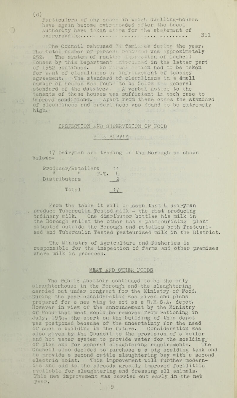 (d) Particulars of any cases in which dwelling-houses have again become over crowded after the Local Authority have t ken sf os for the abatement of overcrowding. ... .... ..... .... . Nil The Council rehoused 71 famii' es during the year. The total number of person a te w .f was approximately 252. The system of routine iuwt ion of Council Houses by this Department ..ntrctwwo in the latter part of 1952 continued. No normal : fwon had to be taken for Wpnt of cleanliness or infringement of tenancy agreement. The standard of clear]iness in a dmall number of houses was found to be l.clow the general standard of the ©staie.eC. A verbal notice to the tenants of these houses was sufficient in each case to improve'• c.ond it ions’- Apart from these cases the standard of cleanliness and orderliness was found to be extremely high. 11.3 PLOT I ON ,-.ND 3 JPERVISION ON FOOD MILK SUPPLY 17 Dairymen are trading in the Borough as shown below:- ... Producer/Retailers 11 11 T.T. 4 Distributors 2 Total 17 From the table it will be seen that 4 dairymen produce Tuberculin Tested milk - the rest producing ordinary milk. One distributor bottles his milk in the Borough whilst the other has a pasteaurising plant situated outside the Borough and retailes both Pasteuri- sed and Tuberculin Tested pasteurised milk in the District. The Ministry of Agriculture and Fisheries is responsible for the inspection of' farms and other premises where milk is produced. MEAT AND OTHER FOODS The Public abattoir continued to be the only slaughterhouse in the Borough and the slaughtering carried cut under contract for the Ministry of Food. During the year consideration was given and plans prepared for a new wing to act as a W.M.S.A. depot. However in view of the announcement by the Ministry of Food that meat would be removed from rationing in July* 1954? the start on the building of this depot was postponed because of the uncertainty for the need of such a building in the future. Consideration was also given by the Council to the provision of a boiler and hot water system to provide water for the scaldingj of pigs and for general slaughtering requirements. The Council also decided to purchase a a pig scalding tank and to provide a second cattle slaughtering bay with a second electric hoist. This improvement will further modern- i e and add to the already greatly improved facilities available for slaughtering and dressing all animals. This new improvement was carried out early in the new year.