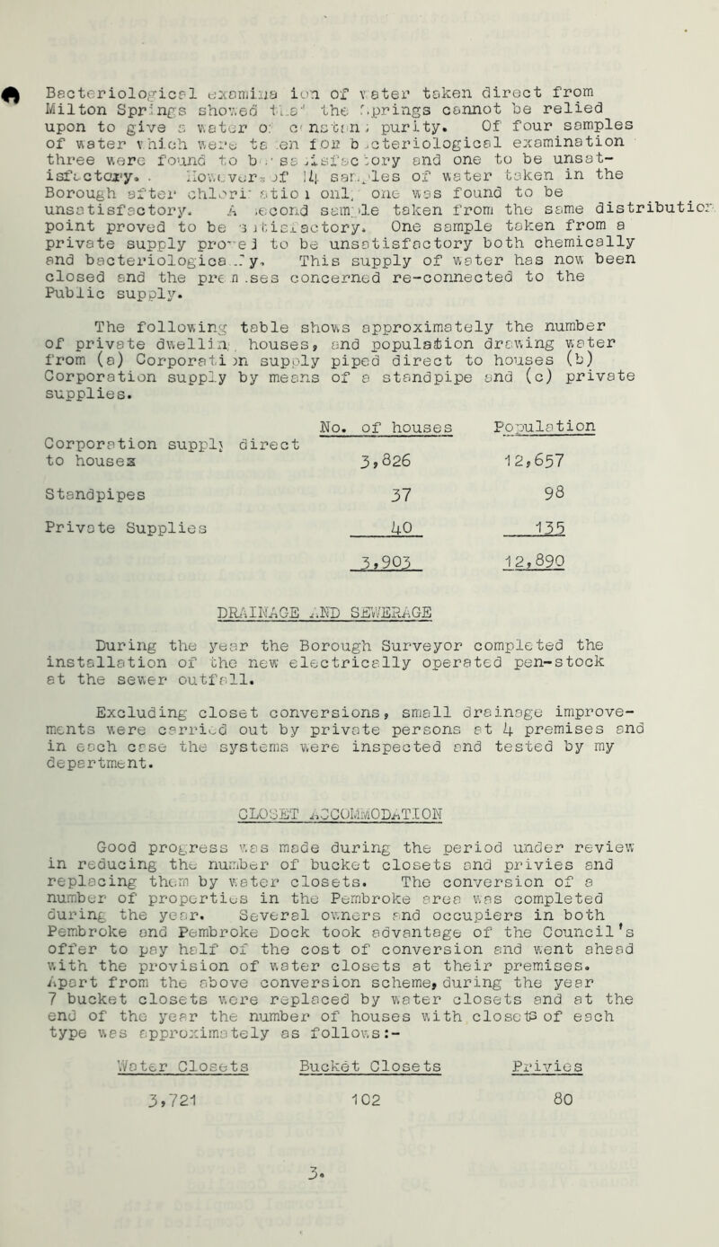 Milton Springs showed Iks'' the Springs cannot be relied upon to give a water o: c'nstan; purity. Of four samples of water which were ts :en for bacteriological examination three were found to b:,•sajisfacbory and one to be unsat- isfactory. . However*jf 14 samples of water taken in the Borough after chlori: otio 1 onl, one was found to be unsatisfactory. A .econd sam;.>le taken from the same distributio point proved to be 'satisfactory. One sample taken from a private supply pro^ej to be unsatisfactory both chemically and bacteriologies Hy, This supply of water has now been closed and the pre n .ses concerned re-connected to the Public supply. The following table shows approximately the number of private dwelling houses? and population drawing water from (a) Corporation supply piped direct to houses (b) Corporation supply by means of a standpipe and (c) private supplies. Wo. of houses Population Corporation supplj direct to houses 3,826 12,657 Standpipes 37 98 Private Supplies 40 135 3,903 12,890 DRAINAGE I,ND SEWERAGE During the year the Borough Surveyor completed the installation of the new electrically operated pen-stock at the sewer outfall. Excluding closet conversions? small drainage improve- ments were carried out by private persons at 4 premises and in each case the systems were inspected and tested by my department. CLOSET ACCOMMODATION Good progress was made during the period under review in reducing the number of bucket closets and privies and replacing them by water closets. The conversion of a number of properties in the Pembroke area was completed during the year. Several owners and occupiers in both Pembroke and Pembroke Dock took advantage of the Council's offer to pay half of the cost of conversion and went ahead with the provision of water closets at their premises. Apart from the above conversion scheme, during the year 7 bucket closets were replaced by water closets and at the end of the year the number of houses with closets of each type was approximately as follows:- Water Closets Bucket Close ts Privies 3,721 102 80
