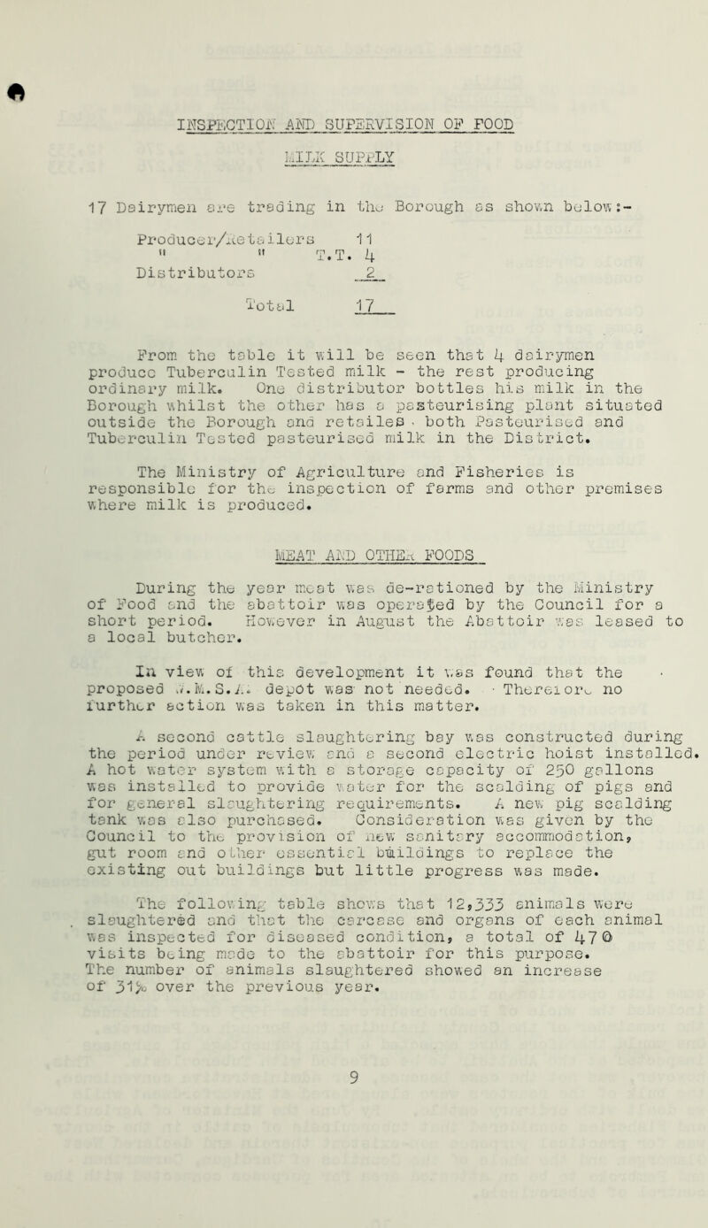 INSPECTION AND SUPERVISION OF FOOD PILIC SUPPLY 17 Dairymen are trading in the Borough as shown below: Producer/Aetailors 11  » T.T. 4 Distributors 2 I'otal 17 From the table it will be seen that 4 dairymen produce Tuberculin Tested milk - the rest producing ordinary milk. One distributor bottles his milk in the Borough whilst the other has a pasteurising plant situated outside the Borough and retailes - both Pasteurised and Tuberculin Tested pasteurised milk in the District. The Ministry of Agriculture and Fisheries is responsible for the inspection of farms and other premises where milk is produced. MEAT AND OTHE.i FOODS During the year meat was de-rationed by the Ministry of Food and the abattoir was operated by the Council for a short period. However in August the Abattoir was leased to a local butcher. In view of this development it was found that- the proposed h.M.S.A. depot was- not needed. • Thereioiv no further action was taken in this matter. A second cattle slaughtering bay was constructed during the period under review end a second electric hoist installed. A hot water system with a storage capacity of 2p0 gallons was installed to provide water for the scalding of pigs and for general slaughtering requirements. A new pig scalding tank was also purchased. Consideration was given by the Council to the provision of new sanitary accommodation, gut room and other essential buildings to replace the existing out buildings but little progress was made. The following table shows that 12,333 animals were slaughtered and that the carcase and organs of each animal was inspected for diseased condition, a total of 47© visits being made to the abattoir for this purpose. The number of animals slaughtered showed an increase of 31>0 over the previous year.