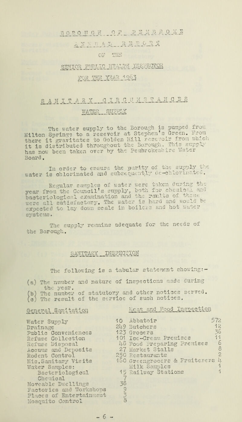 SENIOR PlfPTIO JIEALTH jn^SPEOTOR FOR, TEE s a j-t i T A R Y <2 JL2L 2121..ILilJL WATER SUPPLY A HOES The water supply to the Borough is pumped from Milton Springs to a resevoir at Stephen's Greer. Irorn^ there it gravitates to Golden Hill resevoir from wh:.ch it is distributed throughout the Borough, This supply has now been taken over by the Pembrokeshire Water Board. In order to ensure the purity of the ^supply tne water is chlorinated and subsequently dc~chloiinated, Regular samples of water were taken during the year fromthe Council’s supply, both for_chemical and bacteriological examination and the rsr.lus of fhese were all satisfactory. The water is hard and wou_e be ex'oecte d to lay down scale in boilers and no c wa^er systems. The supply remains adequate for the needs of the Borough, _iiispjojj,oh The following is a tabular statement showing:~ (a) The number and nature of inspections made during the year, b) The number of statutory and other notices served, c) The result cf the service of such notices. Genp_ra2_SaniitatThqH Water Supply 10 Drainage 249 Public Conveniences 123 Refuse Collection 101 Refuse Disposal 48 Accums and Deposits 27 Rodent Control 250 Water Samples: Bacteriological 15 Chemical 7 Moveable Dwellings 38 Factories and Workshops 9 Places of Entertainment 3 Mosquito Control 8 Heat, and Food .Inspection Abbatoir Butchers Grocers Icc-Crean 572 1 3 1 Premises Food Preparing Premises Market Stalls Restaurants Milk Samples 1 Railway Stations 1 co vo ■- vo co CM