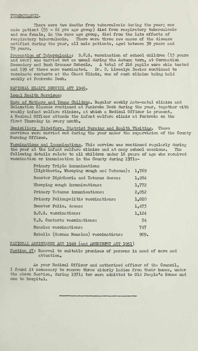 TUBERCULOSIS. There were two deaths from tuberculosis during the year; one nale patient (55 - 64 yrs age group) died from respiratory tuberculosis and one female, in the same age group, died from the late effects of respiratory tuberculosis0 There were three new cases of the disease notified during the year, all male patients, aged between 38 years and 79 years. Prevention of Tuberculosis: B.C.G. vaccination of school children (13 years and over) was carried out as usual during the Autumn term, at Coronation Secondary and Bush Grammar Schools. A total of 216 pupils were skin tested and 199 of these were vaccinated. Dr. D. Llewelyn Davies continued to vaccinate contacts at the Chest Clinic, one of such clinics being held weekly at Pembroke Dock. NATIONAL HEALTH SERVICE ACT 1946. Local Health Services: Care of Mothers and Young Children. Regular weekly Ante-natal clinics and Relaxation Classes continued at Pembroke Dock during the year, together with weekly infant welfare clinics, at which a Medical Officer is present. A Medical Officer attends the infant welfare clinic at Pembroke on the first Thursday in every month. Domiciliary Midwifery. District Nursing and Health Visiting0 These services were carried out during the year under the supervision of the County Nursing Officer. Vaccinations and Immunisations. This service was continued regularly during the year at the infant welfare clinics and at many school sessions. The following details relate to all children under 16 years of age who received vaccination or immunisation in the County during 1971:- Primary Triple immunisations (Diphtheria, Y/hooping cough and Tetanus): 1,769 Booster Diphtheria and Tetanus doses: 1,284 Y/hooping cough immunisations: 1,772 Primary Tetanus immunisations: 2,052 Primary Poliomyelitis vaccinations: 1,810 Booster Polio, doses: 1,475 B.C.G. vaccinations: 1,124 T.B. Contacts vaccinations: 54 Measles vaccinations: 747 Rubella (German Measles) vaccinations: 909. NATIONAL ASSISTANCE ACT 1948 (and AMENDMENT ACT 1951) Section 47: Removal to suitable premises of persons in need of care and attention. As your Medical Officer and authorised officer of the Council, I found it necessary to remove three elderly ladies from their homes, under the above Section, during 1971; two were admitted to Old People*s Homes and one to hospital.