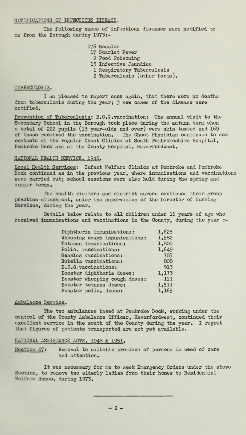 NOTIFICATIONS OF INFECTIOUS DISEASE. The following cases of infectious diseases were notified to ne fron the Borough during 1973:- 176 Measles 17 Scarlet Fever 2 Food Poisoning 13 Infective Jaundice 1 Respiratory Tuberculosis 2 Tuberculosis (other forms). TUBERCULOSIS. I an pleased to report once again, that there were no deaths fron tuberculosis during the year; 3 new cases of the disease were notified. Prevention of Tuberculosis: B.C.G.vaccination: The annual visit to the Secondary School in the Borough took place during the autunn tern when a total of 222 pupils (l3 year-olds and over) were skin tested and 169 of these received the vaccination. The Chest Physician continues to see contacts at the regular Chest Clinics at South Penbrokeshire Hospital, Pembroke Dock and at the County Hospital, Haverfordwest. NATIONAL HEALTH SERVICE. 1946. Local Health Services: Infant Welfare Clinics at Pembroke and Pembroke Dock continued as in the previous year, where immunisations and vaccinations were carried out; school sessions were also held during the spring and summer terms. The health visitors and district nurses continued their group practice attachment, under the supervision of the Director of Nursing Services, during the year. Details below relate to all children under 16 years of age who received immunisations and vaccinations in the County, during the year :- Diphtheria immunisations: 1,625 Whooping cough immunisations: 1,582 Tetanus immunisations: 1,800 Polio, vaccinations: 1,649 Measles vaccinations: 785 Rubella vaccinations: 808 BoC.Govaccinations: 913 Booster diphtheria doses: 1,173 Booster whooping cough doses: 111 Booster tetanus doses: 1,511 Booster polio, doses: 1,165 Ambulance Service. The two ambulances based at Pembroke Dock, working under the control of the County Ambulance Officer, Haverfordwest, continued their excellent service in the south of the County during the year. I regret that figures of patients transported are not yet available. NATIONAL ASSISTANCE ACTS. 1948 & 1951. Section 47: Removal to suitable pranises of persons in need of care and attention. It was necessary for me to seek Emergency Orders under the above Section, to remove two elderly ladies from their homes to Residential Welfare Homes, during 1973. - 2 -