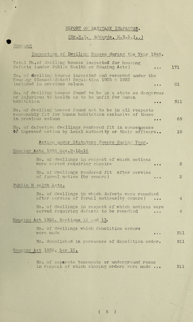 REPORT OF SANITARY INSPECTOR, (Hr .H. B. Edwards, II. R.S_. Ij^J^ Housing Inspection of Dwelling Houses during the_Year 1945. Total No.of dwelling houses inspected for housing defects (under Public Health or Housing Acts) ... 171 No. of dwelling houses inspected, and recorded under the Housing (Consolidated) Regulation 1925 <5 1932 included in previous column ... No. of duelling houses found to be in a state so dangerous or injurious to health as to be unfit for human habitation ... No. of dwelling houses found not to be in all respects reasonably fit for human habitation exclusive of those in previous column ., . 81 Nil 65 No. of defective dwellings rendered fit in consequence $>f improved action by Local Authority or their officers.. 18 Action under Statutory Powers during Year. Housing Acts 1956 Sec.9-10-16 No. of dwellings in respect of which notices were served requiring repairs ... No. of dwellings rendered fit after service of formal notice (by owners) ... Public H e a _1 th Acts . No. of dwellings in which defects were remedied after service of formal notices(by owners) ... No. of dwellings in respect of which notices were served requiring defects to be remedied Housing Act 1956. Sections. 11 and 13. 2 2 4 4 No. of dwellings which demolition orders were made . . . Nil No. demolished in pursuance of demolition order. Nil Housing Act 1956. Sec 12. No. of separate tenements or underground rooms in respect of which closing orders were made ... Nil ( 5 )