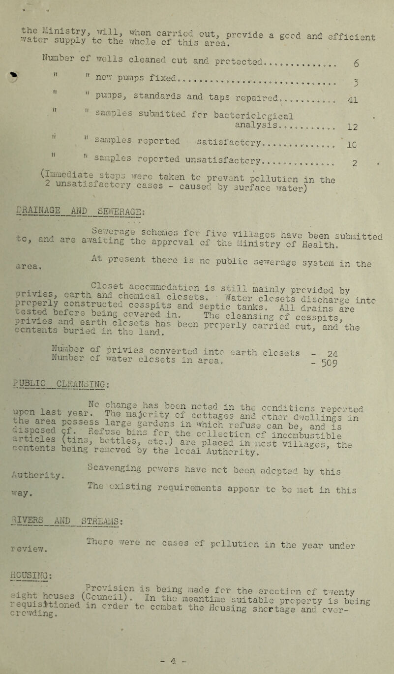 the Ministry, will, when carried cut, provide a good and effiniont water supply tc the whole of this area: -Uicient Number cl wells cleaned cut and protected, 0*030 f! If if ii n  new pumps fixed...................... pumps, standards and taps repaired...  samples submitted for bacteriological analysis... u samples reported satisfactory....... h samples reported unsatisfactory......, b 41 12 1C 2 area (2aundfw^tP3 ''3rG taken tc vntaat pclluticn in the 2 umatioxactoiy cases - caused by surface water) DRAINAGE AND SEWERAGE: u , Sewerage schemes for five villages have been -nbnittor 00, end are awaiting the approval of the Ministry of Health. At present there is nc public sewerage system in the closet accommodation is still mainly prcvi^d bv aroperly c?Sst\u?t-^hoe^ahclcs?ts- ! .Water olcsets'discharge into constructed ceospits and sepoic tanks. All drains are nested before being covered in. The eleansino of cessnits privies ana earth closets has been properly carried cut an/thn contents buried in the land. A y cut* ana Number of privies converted into earth closets - 24 Number of water closets in area. _ 509 ?.n§tIC__CLEANSING: 1 . , change.has been noted in the conditions repeated + P~n last year. Tne majority of cottages and other dwellingsin” rW| pcssessJUrge gardens in which refuse can be, and is articles fl-l- Wfl 4nS f r\the collection of Incombustible ~-zl^rs i:n^ bottles, etc.) are placed in most villages the contents being removed by the local Authority. g ' Authority, way. Scavenging powers have net been adopted by this The existing requirements appear tc be met in this IIVERS AND STREAMS review, xhere were nc cases cl pclluticn in the year under HOUSING: i'-•ht homne Prevision is being made for the erection cf twenty l1* . house, (Council), in the meantime suitable property is being C^,d?ng ln Crder tC Cfnbat the Hcusine shcrt^ePaSdycver- ng 4