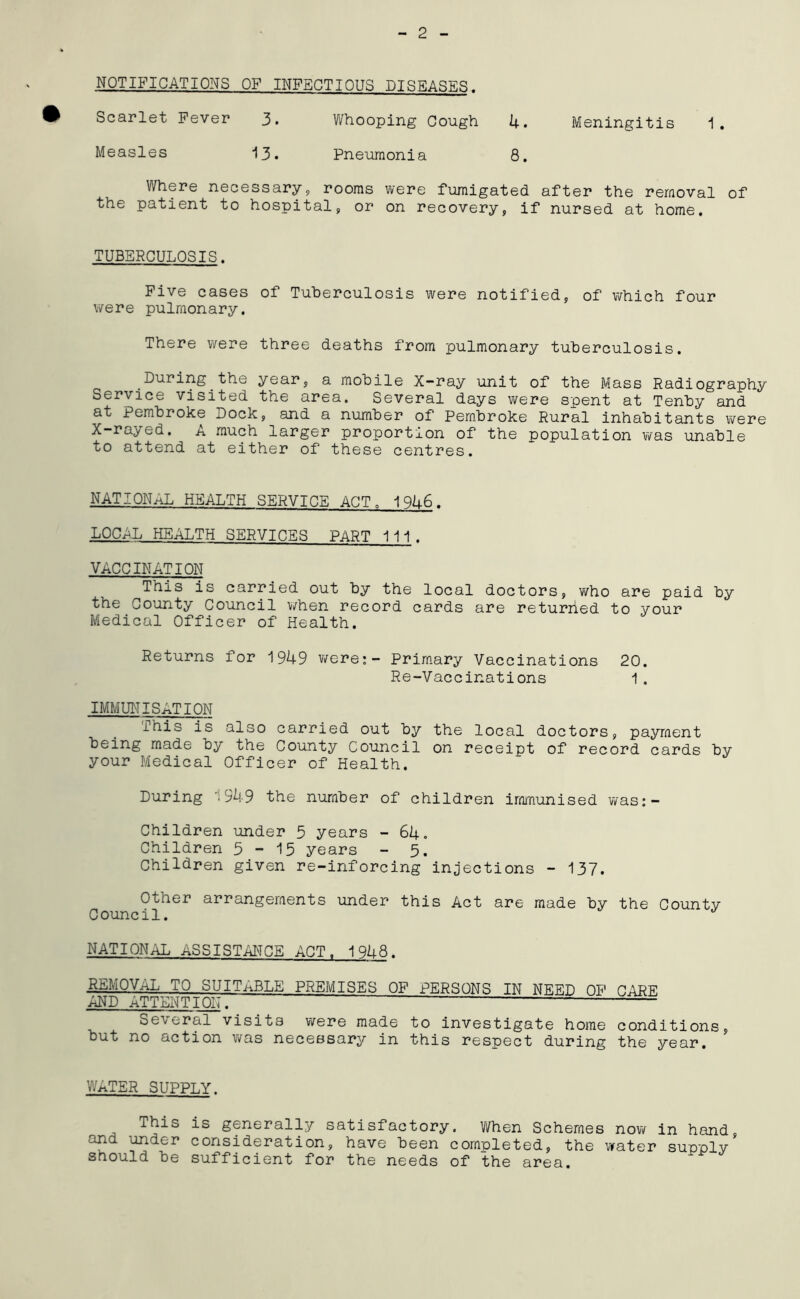 2 NOTIFICATIONS OF INFECTIOUS DISEASES. Scarlet Fever 3. Whooping Cough 4. Meningitis 1 . Measles 13. Pneumonia 8. Where necessary, rooms were fumigated after the removal of the patient to hospital, or on recovery, if nursed at home. TUBERCULOSIS. Five cases of Tuberculosis were notified, of which four were pulmonary. There were three deaths from pulmonary tuberculosis. During the year, a mobile X—ray unit of the Mass Radiography Service visited the area. Several days were spent at Tenby and at Pembroke Dock, and a number of Pembroke Rural inhabitants were X-rayed. A much larger proportion of the population was unable to attend at either of these centres. NATIONAL HEALTH SERVICE ACT„ 1946. LOCAL HEALTH SERVICES PART 111. VACCINATION This is carried out by the local doctors, who are paid by the County Council when record cards are returiied to your Medical Officer of Health. Returns for 1949 were:- Primary Vaccinations 20. Re-Vaccinations 1. IMMUNISATION ihis is also carried out by the local doctors, payment being made by the County Council on receipt of record cards by your Medical Officer of Health. During i949 the number of children immunised was:- Children under 5 years - 64. Children 5-15 years - 5. Children given re-inforcing injections - 137. Other arrangements under this Act are made by the Countv Council. ^ NATIONAL ASSISTANCE ACT. 1948. REMOVAL TO SUITABLE PREMISES OF PERSONS IN NEED OF CARE AND ATTENTION. — Several visits were made to investigate home conditions, but no action was necessary in this respect during the year. WATER SUPPLY. This is generally satisfactory, when Schemes now in hand, and under consideration, have been completed, the water supply should be sufficient for the needs of the area.