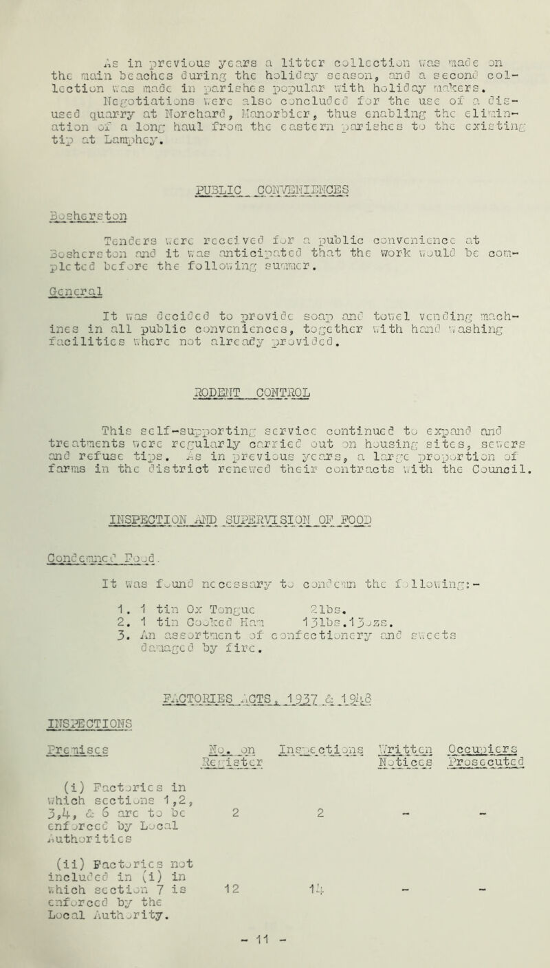As in previous years a litter collection was made on the main, beaches during the holiday season, and a second col- lection was made in parishes popular with holiday makers. Negotiations were also concluded for the use of a dis- used quarry at Norchard, Manorbicr, thus enabling the elimin- ation of a long haul from the eastern parishes to the existing tip at Lamphey. PUBLIC. , CONVENIENCES Bosherston Tenders were received for a public convenience at Boshcrston and it was anticipated that the work would be com- pleted before the following summer. General It was decided to provide soap and towel vending mach- ines in all public conveniences, together with heard washing facilities where not already provided. PODENT CONTROL This self-supporting service continued to expand and treatments were regularly carried out on housing sites, sewers and refuse tips. As in previous years, a large proportion of farms in the district renewed their contracts with the Council. INSPECTION AND SUPERVISION .OF POOD Condemned Pood It was f^und necessary to condemn the fo1lowing 1. 1 tin Ox Tongue 2lbs. 2. 1 tin Cooked Ham 131bs.13azs. 3. An assortment of confectionery and sweets damaged by fire. FACTORIES .ACTS , J_9JT£ .0 J_9^§ INSPECTIONS Premises No. on Register Inspections Britten Notices Occupiers Prosecuted (i) Factories in which sections 1,2, 3,4, cb S arc to be 2 2 enforced by Local Authorities (ii) Factories not included in (i) in which section 7 is 12 14 enforced by the Local Authority. 11
