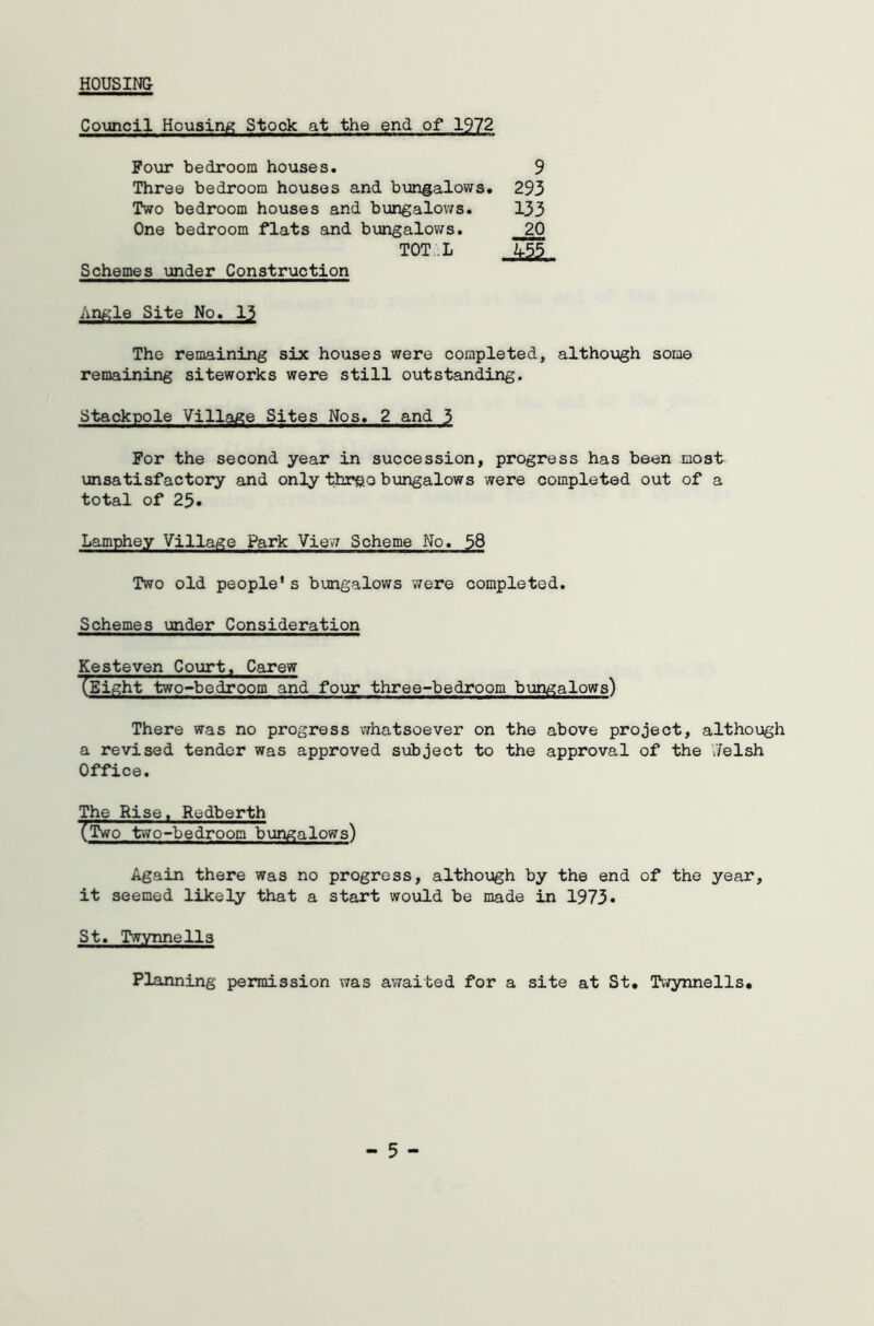 HOUSING- Council Housing Stock at the end of 1972 Four bedroom houses. 9 Three bedroom houses and bungalows. 293 Two bedroom houses and bungalows. 133 One bedroom flats and bungalows. 20 TOT L Jfc£ Schemes under Construction Angle Site No. 13 The remaining six houses were completed, although some remaining siteworks were still outstanding. Stackpole Village Sites Nos. 2 and 3 For the second year in succession, progress has been most unsatisfactory and only threo bungalows were completed out of a total of 25» Lamphey Village Park View Scheme No. 58 Two old people’s bungalows were completed. Schemes under Consideration Kesteven Court, Carew (Eight two-bedroom and four three-bedroom bungalows) There was no progress whatsoever on the above project, although a revised tender was approved subject to the approval of the Jelsh Office. The Rise, Redberth Tt^cT two-bedroom bungalows) Again there was no progress, although by the end of the year, it seemed likely that a start would be made in 1973* St, Twynnells Planning permission was awaited for a site at St. Twynnells.
