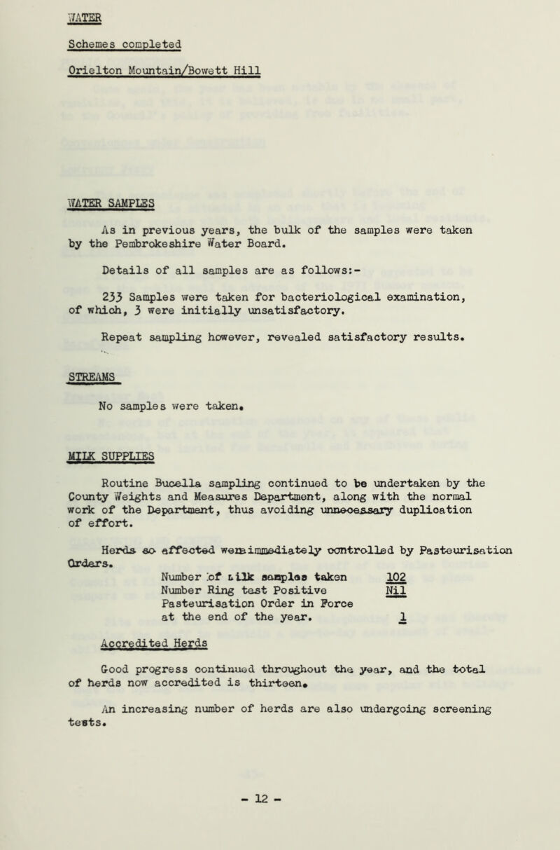 WATER Schemes completed Orielton Mountain/Bowett Hill WATER SAMPLES As in previous years, the bulk of the samples were taken by the Pembrokeshire Water Board. Details of all samples are as follows 233 Samples were taken for bacteriological examination, of which, 3 were initially unsatisfactory. Repeat sampling however, revealed satisfactory results. STREAMS No samples were taken* MILK SUPPLIES Routine Buoella sampling continued to be undertaken by the County Weights and Measures Department, along with the normal work of the Department, thus avoiding unnecessary duplication of effort. Herds- so- affected wez£immediately controlled by Pasteurisation Orders. Number x>f LilJc samples taken 102 Number Ring test Positive Nil Pasteurisation Order in Force at the end of the year. 1 Accredited Herds Good progress continued throughout the year, and the total of herd8 now accredited is thirteen* An increasing number of herds are also undergoing screening tests. - 12 -
