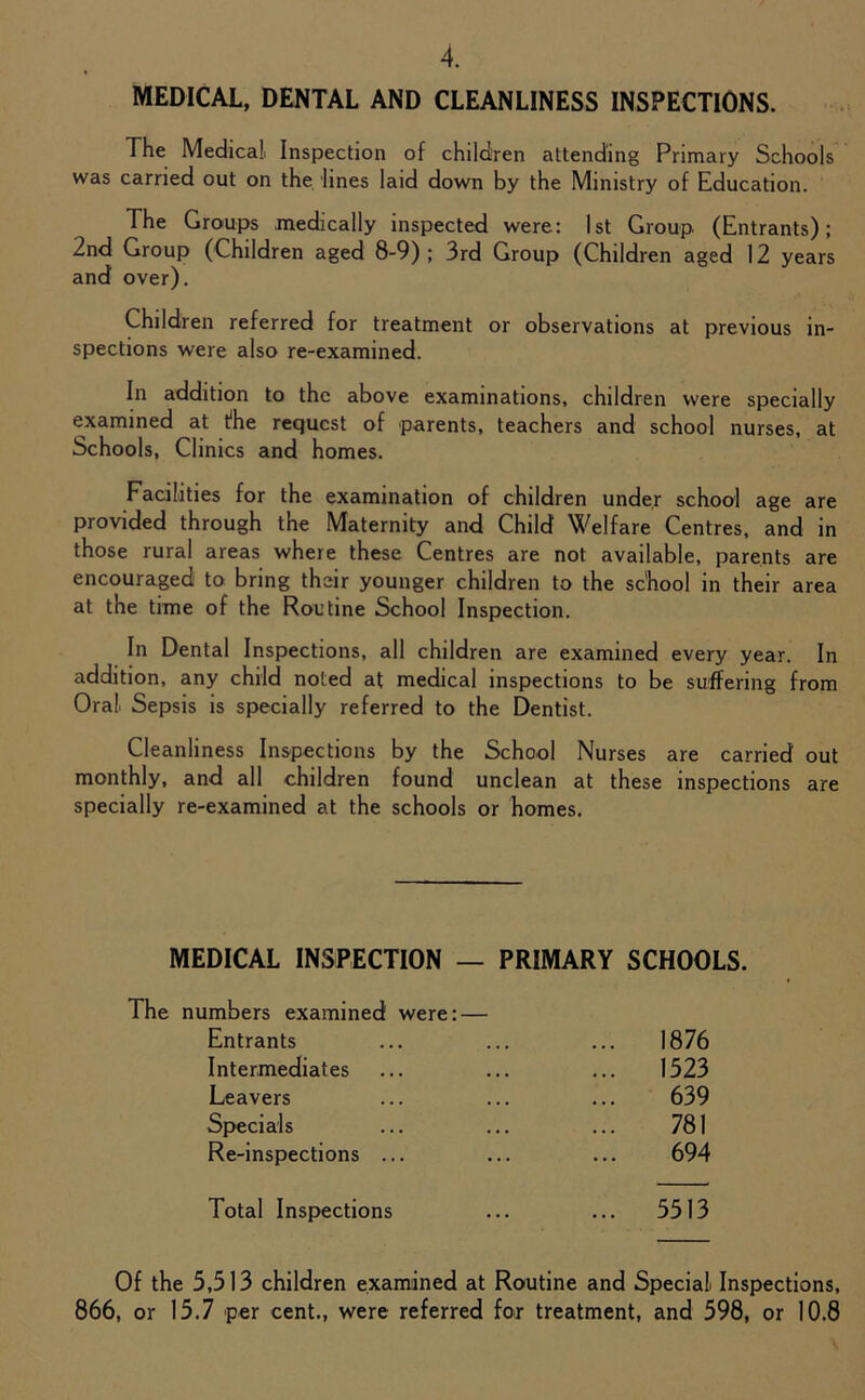 MEDICAL, DENTAL AND CLEANLINESS INSPECTIONS. The Medical Inspection of children attending Primary Schools was carried out on the lines laid down by the Ministry of Education. The Groups medically inspected were: 1st Group. (Entrants); 2nd Group (Children aged 8-9); 3rd Group (Children aged 12 years and over). Children referred for treatment or observations at previous in- spections were also re-examined. In addition to the above examinations, children were specially examined at fhe request of parents, teachers and school nurses, at Schools, Clinics and homes. Facilities for the examination of children under school age are provided through the Maternity and Child Welfare Centres, and in those rural areas where these Centres are not available, parents are encouraged to bring their younger children to the sc'hool in their area at the time of the Routine School Inspection. In Dental Inspections, all children are examined every year. In addition, any child noted at medical inspections to be suffering from Oral Sepsis is specially referred to the Dentist. Cleanliness Inspections by the School Nurses are carried out monthly, and all children found unclean at these inspections are specially re-examined at the schools or homes. MEDICAL INSPECTION — PRIMARY SCHOOLS. The numbers examined were: — Entrants ... ... ... 1876 Intermediates ... ... ... 1523 Leavers ... ... ... 639 Specials ... ... ... 781 Re-inspections ... ... ... 694 Total Inspections ... ... 5513 Of the 5,513 children examined at Routine and Special Inspections, 866, or 15.7 per cent., were referred for treatment, and 598, or 10.8