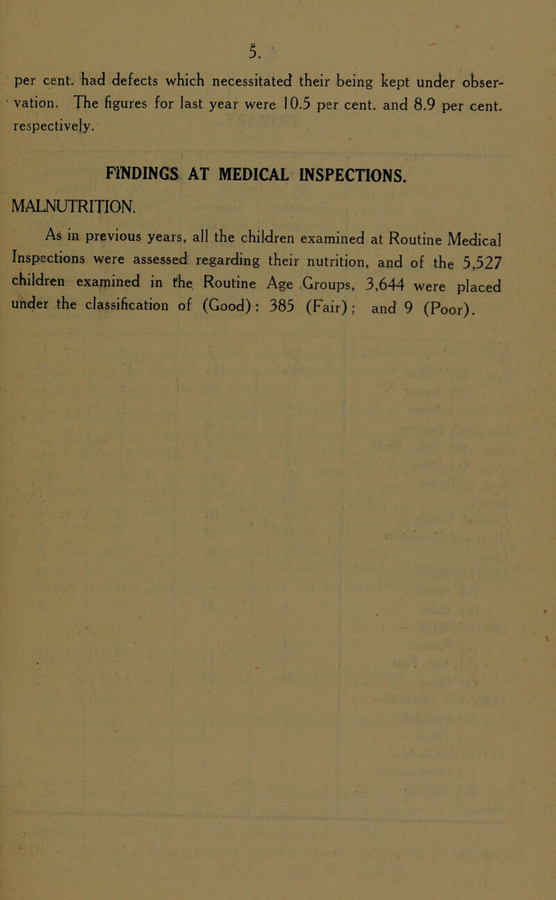 1 per cent, had defects which necessitated their being kept under obser- vation. The figures for last year were 10.5 per cent, and 8.9 per cent, respectively. FINDINGS AT MEDICAL INSPECTIONS. MALNUTRITION. As in previous years, all the children examined at Routine Medical Inspections were assessed regarding their nutrition, and of the 5,527 children examined in the Routine Age Groups, 3,644 were placed under the classification of (Good): 385 (Fair); and 9 (Poor).