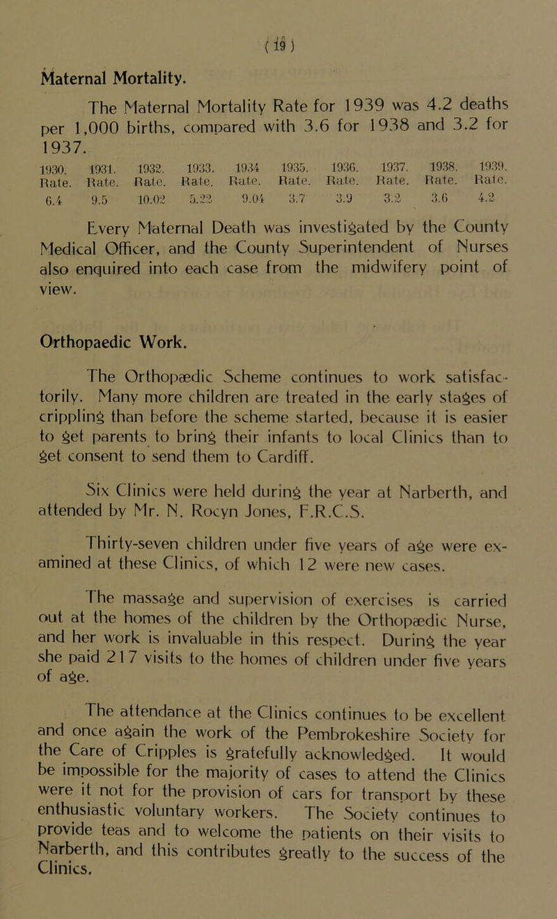 Maternal Mortality. The Maternal Mortality Rate for 1939 was 4.2 deaths per 1,000 births, compared with 3.6 for 1938 and 3.2 for 1937. 19.30 19.31. 1932. 1933. 19.34 193.5. 19.36. 19.37. 19.38. 19.39. Rate. Rate. Rate. Rate. Rate. Rate. Rate. Rate. Rate. Rale. 0.4 9.5 10.02 5.22 9.04 3.7 3.9 3.2 3.6 4.2 Every Maternal Death was investigated by the County Medical Officer, and the County Superintendent of Nurses also enquired into each case from the midwifery point of view. Orthopaedic Work. The Orthopaedic Scheme continues to work satisfac- torily. Many more children are treated in the early stages of crippling than before the scheme started, because it is easier to get parents to bring their infants to local Clinics than to get consent to send them to Cardiff. Six Clinics were held during the year at Narberth, and attended by Mr. N. Rocyn Jones, F.R.C.S. Thirty-seven children under five years of age were ex- amined at these Clinics, of which 1 2 were new cases. The massage and supervision of exercises is carried out at the homes of the children by the Orthopaedic Nurse, and her work is invaluable in this respect. During the year she paid 21 7 visits to the homes of children under five years of age. The attendance at the Clinics continues to be excellent and once again the work of the Pembrokeshire Society for the Care of Cripples is gratefully acknowledged. It would be impossible for the majority of cases to attend the Clinics were it not for the provision of cars for transport by these enthusiastic voluntary workers. The Society continues to provide teas and to welcome the patients on their visits to Narberth, and this contributes greatly to the success of the Clinics.