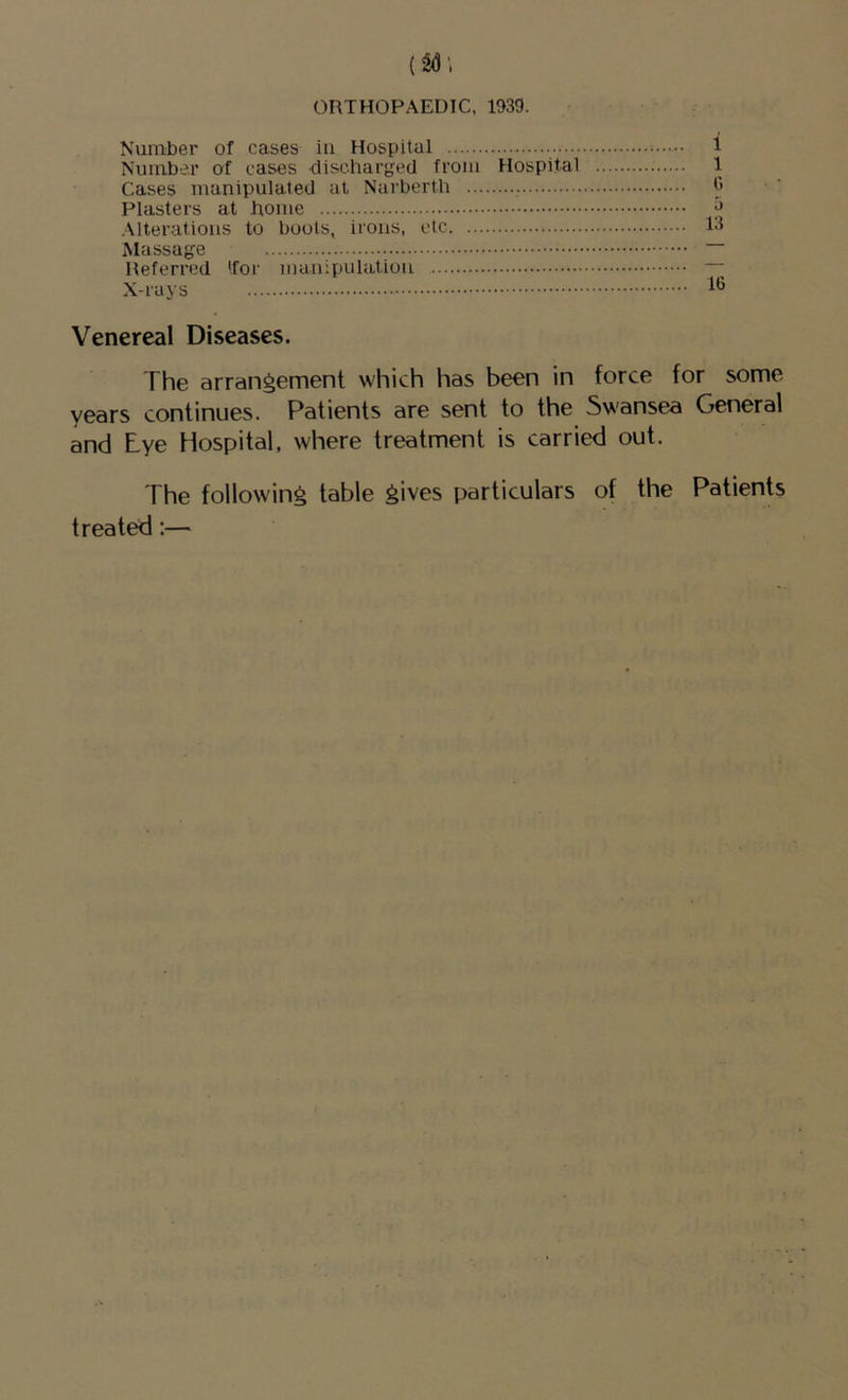 ORTHOPAEDIC, 1939. Numbei' of cases iii Hospital 1 Nuiaber of cases dischargod from Hospital 1 Cases manipulated at Narbertii 9 Plasters at Rome p .Mteratioiis to boots, irons, etc 13 Massage Referred 'for manipulation X-rays Venereal Diseases. The arrangement which has been in force for some years continues. Patients are sent to the Swansea General and Eye Hospital, where treatment is carried out. The following table gives particulars of the Patients treated;—