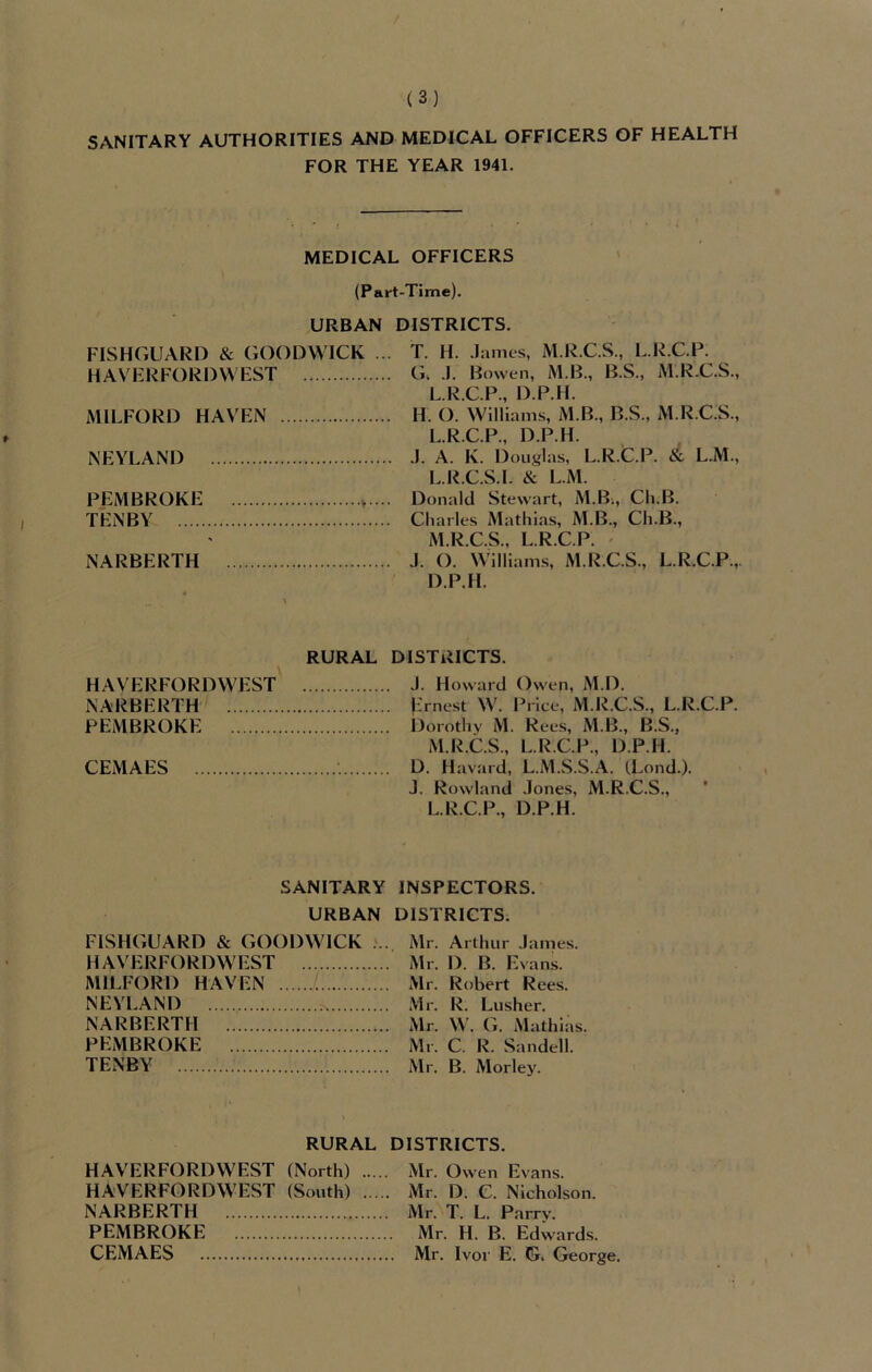 SANITARY AUTHORITIES AND MEDICAL OFFICERS OF HEALTH FOR THE YEAR 1941. MEDICAL OFFICERS (Part-Time). URBAN DISTRICTS. FISHGUARD & GOOD WICK ... T. H. James, M.R.C.S., L.R.C.P. HAVERFORDWEST G, J. Bowen, M.B., B.S., M.R.C.S., L.R.C.P., D.P.H. MILFORD HAVEN H. O. Williams, M.B., B.S., M.R.C.S., * L.R.C.P., D.P.H. NEYLAND J. A. K. Douglas, L.R.C.P. & L.M., L. R.C.S.I. & L.M. PEMBROKE v.... Donald Stewart, M.B., Ch.B. TENBY Charles Mathias, M.B., Ch.B., M. R.C.S., L.R.C.P. NARBERTH I. O. Williams, M.R.C.S., L.R.C.P.,. D.P.H. 4 4 RURAL DISTRICTS. HAVERFORDWEST J. Howard Owen, M.D. NARBERTH Ernest W. Price, M.R.C.S., L.R.C.P. PEMBROKE Dorothy M. Rees, M.B., B.S., M.R.C.S., L.R.C.P., D.P.H. CEMAES D. Havard, L.M.S.S.A. (Lend.). J. Rowland Jones, M.R.C.S., L.R.C.P., D.P.H. SANITARY INSPECTORS. URBAN DISTRICTS. FISHGUARD & GOODW1CK ... Mr. Arthur James. HAVERFORDWEST Mr. I). B. Evans. MILFORD HAVEN Mr. Robert Rees. NEYLAND a Mr. R. Lusher. NARBERTH Mr. W. G. Mathias. PEMBROKE Mr. C. R. Sandell. TENBY Mr. B. Morley. RURAL DISTRICTS. HAVERFORDWEST (North) Mr. Owen Evans. HAVERFORDWEST (South) Mr. D. C. Nicholson. NARBERTH Mr. T. L. Parrv. PEMBROKE Mr. H. B. Edwards. CEMAES Mr. Ivor E. G. George.