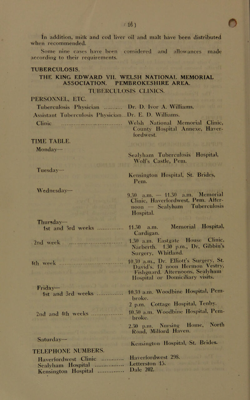 In addition, milk and cod liver oil and malt have been distributed when recommended. Some nine cases have been considered and allowances made according to their requirements. TUBERCULOSIS. THE KING EDWARD VII. WELSH NATIONAL MEMORIAL ASSOCIATION. PEMBROKESHIRE AREA. TLJ B E RCULOSIS CLIN ICS. PERSONNEL, ETC. Tuberculosis Physician Dr. D. Ivor A. Williams. Assistant Tuberculosis Physician...Dr. E. D. Williams. Clinic Welsh National Memorial Clinic, County Hospital Annexe, Haver- fordwest. TIME TABLE. Monday— Scaly ham Tuberculosis Hospital, Wolfs Castle, Pem. Tuesday— Wednesday— Thursday— 1st and 3rd weeks .. 2nd week 4th week Kensington Hospital, St. Brides, Pem. 9.30 a.m. — 11.30 a.m. Memorial Clinic, Haverfordwest, Pem. After- noon — Sealyham Tuberculosis Hospital. 11.30 a.m. Memorial Hospital, Cardigan. 1.30 a.m. Eastgate House Clinic, Narberth. 1.30 p.m., Dr. Gibbin’s Surgery, Whitland. 10.30 a.m., Dr. Elliott’s Surgery, St. David’s. 12 noon Hermon Vestry, Fishguard. Afternoons, Sealyham Hospital or Domiciliary visits. Friday— 1st and 3rd weeks 2nd and 4th weeks Saturday— TELEPHONE NUMBERS. Haverfordwest Clinic .. Sealyham Hospital Kensington Hospital .... 10.30 a.m. Woodbine Hospital, Pem- broke. 2 p.m. Cottage Hospital, I enby. 10.30 a.m. Woodbine Hospital, Pem- broke. 2.30 p.m. Nursing Home, North Road, Milford Haven. Kensington Hospital, St. Brides. Haverfordwest 298. Letterston 13. Dale 202.