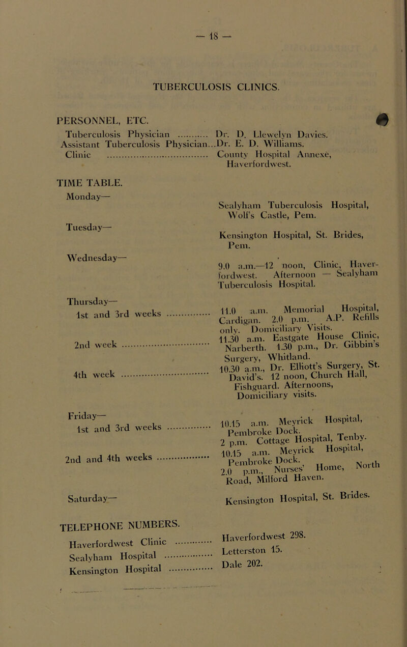 TUBERCULOSIS CLINICS. PERSONNEL, ETC. # Tuberculosis Physician Or. D. Llewelyn Davies. Assistant Tuberculosis Physician...Dr. E. D. Williams. Clinic County Hospital Anine.\e, Haverfordwest. TIME TABLE. Monday— Tuesday— Wednesday— Thursday— 1st and 3rd weeks 2nd week 4th week Friday— 1st and 3rd weeks 2nd and 4th weeks Saturday— Sealyham Tuberculosis Hospital, W’olf’s Castle, Pern. Kensington Hospital, St. Brides, Pem. 9.0 a.m.—12 noon, Clinic, Haver- fordwest. Afternoon — Sealyham Tuberculosis Hospital. 11.0 a.m. Memorial Hospital, 3ardig,an. 2.0 p.m. A.P. Rehlls mly. Domiciliary Visits. , 1.30 a.m. Eastgate House Clmic, Narberth. 1.30 p.m.. Dr. Gibbm s Surgery, Whltland. ,0.30 a.m.. Dr. Elliott’s Surgery, St. David’s. 12 noon. Church Hall, Fishguard. Afternoons, 10.15 a.m. Meyrlck Hospital, Pembroke Dock. > pm Cottage Hospital, Tenby. 10.15 a.m. Meyrick Hospital, Pembroke Dock. North M) p.m., Nui-ses’ Home, Noitti Road, Milford Haven. Kensington Hospital, St. Brides. TELEPHONE NUMBERS. Haverfordwest Clinic .. Sealyham Hospital Kensington Hospital .... Haverfordwest 298. Letterston 15. Dale 202.