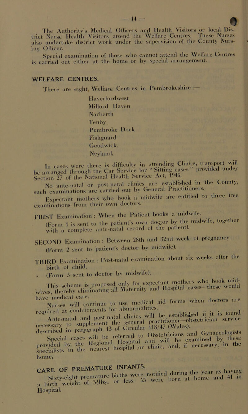 Tlie Authority's Medical Ollicers and Ilealtli Visitors or local Dis- trict Nurse Health Visitors attend the WeHaie Centres, 'rhese Nurses also undertake district work under the supervision ot the County Nurs- ing t) nicer. Sjiecial examination of those who cannot attend the Welfare Centres is carried out either at the home or by special arrangement. WELFARE CENTRES. There are eight. Welfare Centres in Pembrokeshire : Haverfordwest Milford Haven Narberth Tenby Pembroke Dock Fishguard (ioodwick. Neyhmik In cases were there is dilliculty in attending Clinics, transport xyU be arranged through tlie Car Servic;e for  Sitting cases provided u.ulej- Section 27 of the National Health Service Act, l.)4(i. No ante-natal or post-natal clinics are established in the County, such examinations are carried out ky (leneral I ractitioneis. Expectant mothers %yho book a midwife are entitled to three free examinations from their own iloctois. FIRST Examination : NN’hen the Patient books a midwife. (Form 1 is sent to the patient's own do.^tor by the midwife, toget lei with a complete aiile-natal record of the patient). SECOND Examination : Between 2Hlh and 32nd week of pregnancy. (Form 2 sent to (latient's doctor by midwife). THIRD Examination: Post-natal examination about six weeks after the birth of child. , (Form 3 sent to doctor by midwife). Tlvs scheme is 'S| wives, thereby eliminating all Maternity and Hospital cases to use medical aid forms when doctors are reouired at confinements for abnormalities. , • •, t ,,,,1 Ante.natal ami gelllJS-armactiticmm-^ necessary to * Sula, il»/« 'Wales).  s'neaal casei will, be relerrecl ><'. W L’;imial'is'ls'’L'lim hospUal er ‘ elinlc, and, it necessary, . .n the home, r''^“!^™;!^i™!-nn.ilied clnriny ,he year as.haviny Si xty-eigh t pre nia 1 u re birth weight Hospital. of 5Mbs., or less. 27 were born at home and 41 ui