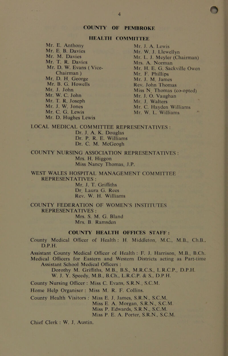 n COUNTY OF PEMBROKE HEALTH COMMITTEE Mr. E. Anthony Mr. E B. Davies Mr. M. Davies Mr. T. R. Davies Mr. D. W. Evans ( Vice- Chairman ) Mr. D. H George Mr. B. G. Howells Mr. J. John Mr. W. C. John Mr. T. R. Joseph Mr. J. W. Jones Mr. C. G. Lewis Mr. D. Hughes Lewis Mr. J. A. Lewis Mr. W. J. Llewellyn Mr. L. J. Mcyler (Chairman) Mrs. A. Norman Mr. H. E. G. Sackville Owen Mr. F. Phillips Mr. J. M. James Rev. John Thomas Miss N. Thomas (co-opted) Mr. J. O. Vaughan Mr. J. Walters Mr. C. Hayden Williams Mr. W. L. Williams LOCAL MEDICAL COMMITTEE REPRESENTATIVES: Dr. J. A. K. Douglas Dr. P. R. E. Williams Dr. C. M. McGeogh COUNTY NURSING ASSOCIATION REPRESENTATIVES : Mrs. H. Higgon Miss Nancy Thomas.. J.P. WEST WALES HOSPITAL MANAGEMENT COMMITTEE REPRESENTATIVES : Mr. J. T. Griffiths Dr Laura G. Rees Rev. W. H. Williams COUNTY FEDERATION OF WOMEN S INSTITUTES REPRESENTATIVES : Mrs. S. M. G. Bland Mrs. B Ramsden COUNTY HEALTH OFFICES STAFF: County Medical Officer of Health : H. Middleton, M.C., M.B., Ch.B.. D.P.H. Assistant County Medical Officer of Health : F. J. Harrison, M.B., B.Ch. Medical Officers for Eastern and Western Districts acting as Part-time Assistant School Medical Officers : Dorothy M. Griffiths, M B, B.S., M.R.C.S., L R.C.P.. D.P.H. W. J. Y. Speedy, M.B., B.Ch., L.R.C.P. & S„ D P H. County Nursing Officer : Miss C. Evans, S.R.N., S.C.M. Home Help Organiser : Miss M. R. F. Collins. County Health Visitors : Miss E. J. James, S.R.N., S.C.M. Miss E. A. Morgan, S.R.N., S.C.M. Miss P. Edwards, S.R.N., S.C.M. Miss P E. A. Porter, S.R.N., S.C.M. Chief Clerk : W. J. Austin.