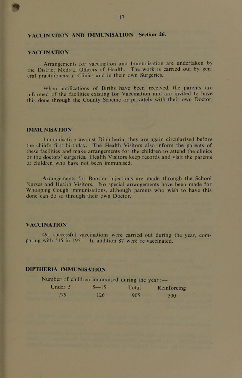 VACCIN ATION AND IMMUNISATION—Section 26. VACCINATION Arrangements for vaccination and Immunisation are undertaken by the District Medical Officers of Health. The work is carried out by gen- eral practitioners at Clinics and in their own Surgeries. When notifications of Births have been received, the parents are informed of the facilities existing for Vaccination and are invited to have this done through the County Scheme or privately with their own Doctor. IMMUNISATION Immunisation against Diphtheria, they are again circularised before the child's first birthday. The Health Visitors also inform the parents of these facilities and make arrangements for the children to attend the clinics or the doctors’ surgeries. Health Visitors keep records and visit the parents of children who have not been immunised. Arrangements for Booster injections are made through the School Nurses and Health Visitors. No special arrangements have been made for Whooping Cough immunisations, although parents who wish to have this done can do so through their own Doctor. VACCINATION 491 successful vaccinations were carried out during the year, com- paring with 515 in 1951. In addition 87 were re-vaccinated. DIPTHERIA IMMUNISATION Number of children immunised during the year :— Under 5 779 5—15 126 Total 905 Reinforcing 300