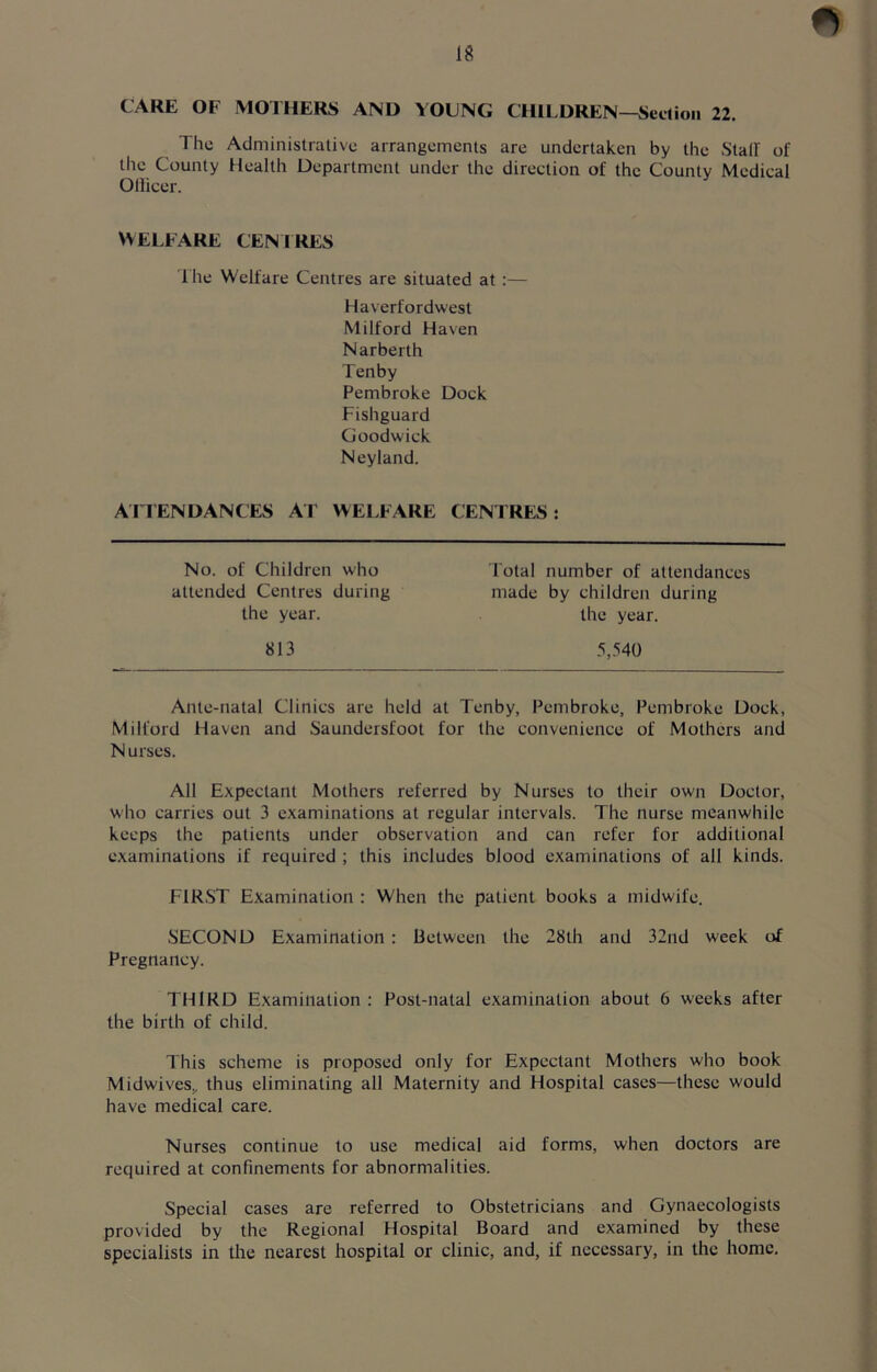 IS CARE OF MOTHERS AND YOUNG CHILDREN—Section 22. The Administrative arrangements are undertaken by the Stall of the County Health Department under the direction of the County Medical Ollicer. WELFARE CENTRES I he Welfare Centres are situated at:— Haverfordwest Milford Haven Narberth Tenby Pembroke Dock Fishguard Goodwick Neyland. ATTENDANCES AT WELFARE CENTRES: No. of Children who attended Centres during the year. Total number of attendances made by children during the year. 813 5,540 Ante-natal Clinics are held at Tenby, Pembroke, Pembroke Dock, Milford Haven and Saundersfoot for the convenience of Mothers and Nurses. All Expectant Mothers referred by Nurses to their own Doctor, who carries out 3 examinations at regular intervals. The nurse meanwhile keeps the patients under observation and can refer for additional examinations if required ; this includes blood examinations of all kinds. FIRST Examination : When the patient books a midwife. SECOND Examination : Between the 28th and 32nd week of Pregnancy. THIRD Examination : Post-natal examination about 6 weeks after the birth of child. This scheme is proposed only for Expectant Mothers who book Midwives,, thus eliminating all Maternity and Hospital cases—these would have medical care. Nurses continue to use medical aid forms, when doctors are required at confinements for abnormalities. Special cases are referred to Obstetricians and Gynaecologists provided by the Regional Hospital Board and examined by these specialists in the nearest hospital or clinic, and, if necessary, in the home.