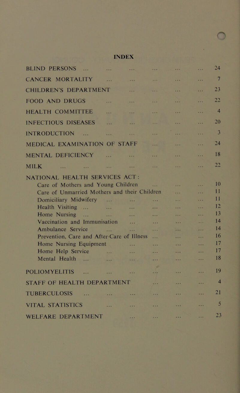 INDEX BLIND PERSONS ... ... ... ... ... ... 24 CANCER MORTALITY ... ... ... ... ... 7 CHILDREN’S DEPARTMENT ... ... ... ... 23 FOOD AND DRUGS 22 HEALTH COMMITTEE ... 4 INFECTIOUS DISEASES ... ... ... ... ... 20 INTRODUCTION ... ... ... ... ... • •• 3 MEDICAL EXAMINATION OF STAFF ... ... ... 24 MENTAL DEFICIENCY 18 MILK ... ... ... ... ••• ••• 22 NATIONAL HEALTH SERVICES ACT: Care of Mothers and Young Children ... ... ... 10 Care of Unmarried Mothers and their Children ... ... 11 Domiciliary Midwifery ... ... ... ... H Health Visiting ... ... ... ... ... ••• l2 Home Nursing ... ... ... ... ••• ••• 13 Vaccination and Immunisation ... ... ... ••• 14 Ambulance Service ... ... ... ... ••• 14 Prevention, Care and After-Care of Illness ... ... ... 16 Home Nursing Equipment ... ... ... ... 17 Home Help Service ... ... ... 17 Mental Health ... ... ... ... ... ••• 18 POLIOMYELITIS ... ... 19 STAFF OF HEALTH DEPARTMENT ... ... ... 4 TUBERCULOSIS ... ... ... ... ••• ••• 21 VITAL STATISTICS ... ... 5 WELFARE DEPARTMENT 23
