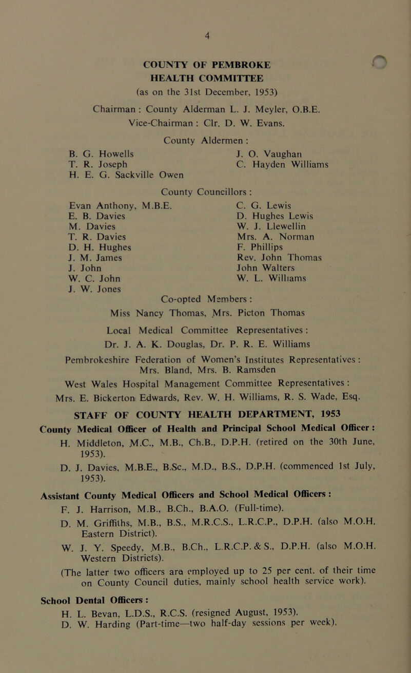 COUNTY OF PEMBROKE HEALTH COMMITTEE (as on the 31st December, 1953) Chairman : County Alderman L. J. Meyler, O.B.E. Vice-Chairman : Clr. D. W. Evans. County Aldermen : B. G. Howells J. O. Vaughan T. R. Joseph C. Hayden Williams H. E. G. Sackville Owen County Councillors : Evan Anthony, M.B.E. E. B. Davies M. Davies T. R. Davies D. H. Hughes J. M. James J. John W. C. John J. W. Jones C. G. Lewis D. Hughes Lewis W. J. Llewellin Mrs. A. Norman F. Phillips Rev. John Thomas John Walters W. L. Williams Co-opted Members : Miss Nancy Thomas, Mrs. Picton Thomas Local Medical Committee Representatives: Dr. J. A. K. Douglas, Dr. P. R. E. Williams Pembrokeshire Federation of Women’s Institutes Representatives : Mrs. Bland, Mrs. B. Ramsden West Wales Hospital Management Committee Representatives : Mrs. E. Bickerton; Edwards, Rev. W. H. Williams, R. S. Wade, Esq. STAFF OF COUNTY HEALTH DEPARTMENT, 1953 County Medical Officer of Health and Principal School Medical Officer : H. Middleton, M.C., M.B., Ch.B., D.P.H. (retired on the 30th June. 1953). D. J. Davies, M.B.E., B.Sc., M.D., B.S., D.P.H. (commenced 1st July, 1953). Assistant County Medical Officers and School Medical Officers : F. J. Harrison, M.B., B.Ch., B.A.O. (Full-time). D. M. Griffiths, M.B., B.S., M.R.C.S., L.R.C.P., D.P.H. (also M.O.H. Eastern District). W. J. Y. Speedy, M.B., B.Ch., L.R.C.P. & S., D.P.H. (also M.O.H. Western Districts). (The latter two officers are employed up to 25 per cent, of their time on County Council duties, mainly school health service work). School Dental Officers : H. L. Bevan, L.D.S., R.C.S. (resigned August, 1953). D. W. Harding (Part-time—two half-day sessions per week).