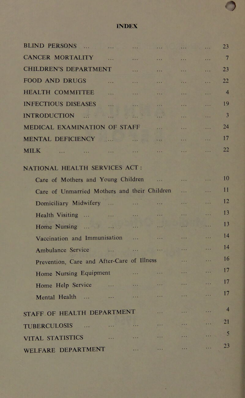 0 INDEX BLIND PERSONS ... 23 CANCER MORTALITY 7 CHILDREN’S DEPARTMENT ... ... ... ... 23 FOOD AND DRUGS ... ... ... ... ... 22 HEALTH COMMITTEE ... ... ... ... ... 4 INFECTIOUS DISEASES 19 INTRODUCTION ... ... ... ... 3 MEDICAL EXAMINATION OF STAFF ... ... ... 24 MENTAL DEFICIENCY 17 MILK ... ... ... ... 22 NATIONAL HEALTH SERVICES ACT : Care of Mothers and Young Children ... ... 10 Care of Unmarried Mothers and their Children ... ... 11 Domiciliary Midwifery ... ... ••• ••• ••• 1^ Health Visiting ... ... ••• ••• ••• 1 3 Home Nursing ... ... ••• ••• Vaccination and Immunisation ... ••• ^ 14 Ambulance Service Prevention, Care and After-Care of Illness ••• ••• 1^ 17 Home Nursing Equipment 17 Home Help Service 17 Mental Health STAFF OF HEALTH DEPARTMENT TUBERCULOSIS VITAL STATISTICS WELFARE DEPARTMENT