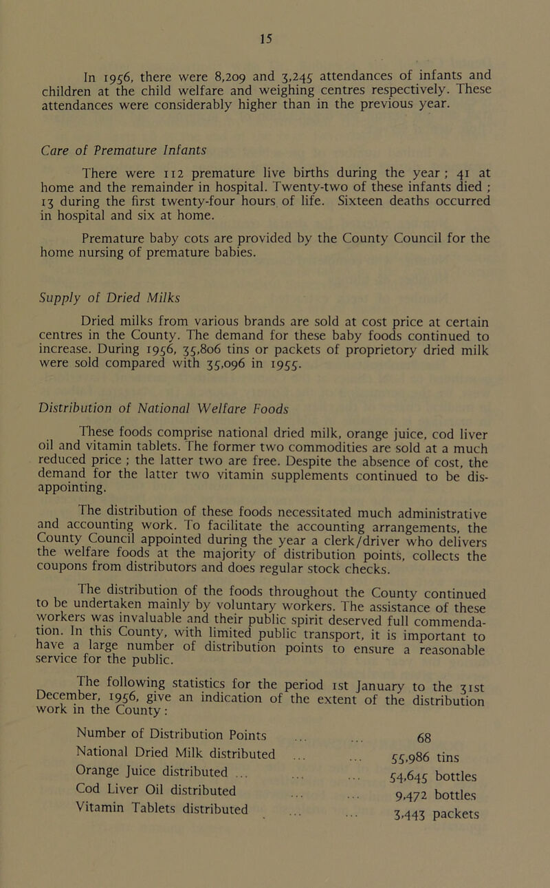 In 1956, there were 8,209 and 3<245 attendances of infants and children at the child welfare and weighing centres respectively. These attendances were considerably higher than in the previous year. Care of Premature Infants There were 112 premature live births during the year; 41 at home and the remainder in hospital. Twenty-two of these infants died ; 13 during the first twenty-four hours of life. Sixteen deaths occurred in hospital and six at home. Premature baby cots are provided by the County Council for the home nursing of premature babies. Supply of Dried Milks Dried milks from various brands are sold at cost price at certain centres in the County. The demand for these baby foods continued to increase. During 1956, 35,806 tins or packets of proprietory dried milk were sold compared with 35,096 in 1955. Distribution of National Welfare Foods These foods comprise national dried milk, orange juice, cod liver oil and vitamin tablets. The former two commodities are sold at a much reduced price ; the latter two are free. Despite the absence of cost, the demand for the latter two vitamin supplements continued to be dis- appointing. The distribution of these foods necessitated much administrative and accounting work. To facilitate the accounting arrangements, the County Council appointed during the year a clerk/driver who delivers the welfare foods at the majority of distribution points, collects the coupons from distributors and does regular stock checks. The distribution of the foods throughout the County continued to be undertaken mainly by voluntary workers. The assistance of these workers was invaluable and their public spirit deserved full commenda- tion. In this County, with limited public transport, it is important to have a large number of distribution points to ensure a reasonable service for the public. The following statistics for the period 1st January to the 31st December, 1956, give an indication of the extent of the distribution work in the County : Number of Distribution Points National Dried Milk distributed Orange Juice distributed Cod Liver Oil distributed Vitamin Tablets distributed 68 55,986 tins 54,645 bottles 9,472 bottles 3,443 packets