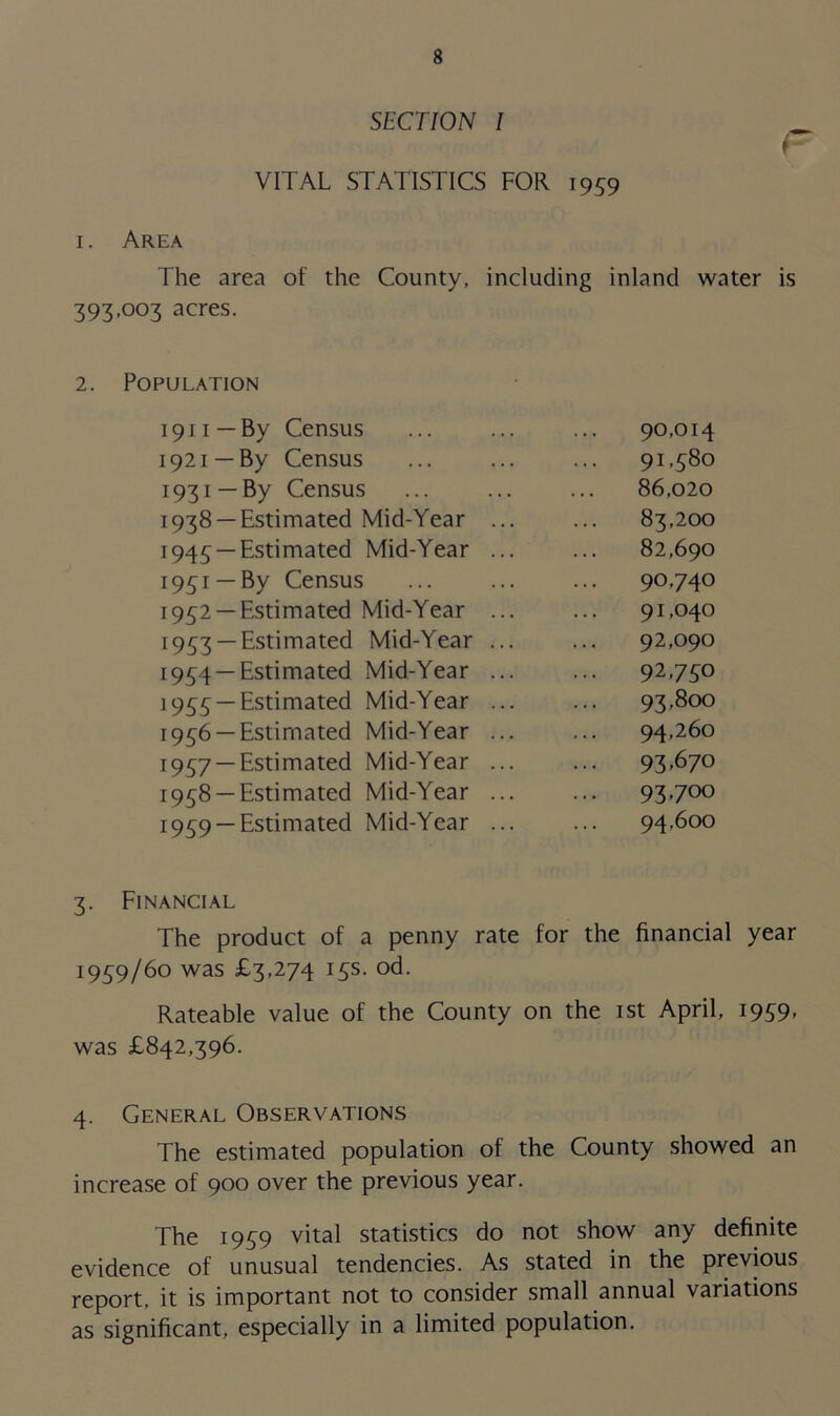 SECTION I VITAL STATISTICS FOR 1959 1. Area The area of the County, including inland water is 393,003 acres. 2. Population 1911 — By Census 90,014 1921 —By Census 91,580 1931 —By Census 86,020 1938 —Estimated Mid-Year ... 83,200 1945 —Estimated Mid-Year ... 82,690 1951 —By Census ... 90.740 1952 —Estimated Mid-Year ... 91,040 1953 — Estimated Mid-Year ... 92,090 1954 — Estimated Mid-Year ... ... 92,750 1955 — Estimated Mid-Year ... 93,800 1956 —Estimated Mid-Year ... 94,260 1957 —Estimated Mid-Year ... 93,670 1958 — Estimated Mid-Year ... 93,700 1959 — Estimated Mid-Year ... 94,600 3. Financial The product of a penny rate for the financial year 1959/60 was £3,274 15s. od. Rateable value of the County on the 1st April, 1959, was £842,396. 4. General Observations The estimated population of the County showed an increase of 900 over the previous year. The 1959 vital statistics do not show any definite evidence of unusual tendencies. As stated in the previous report, it is important not to consider small annual variations as significant, especially in a limited population.