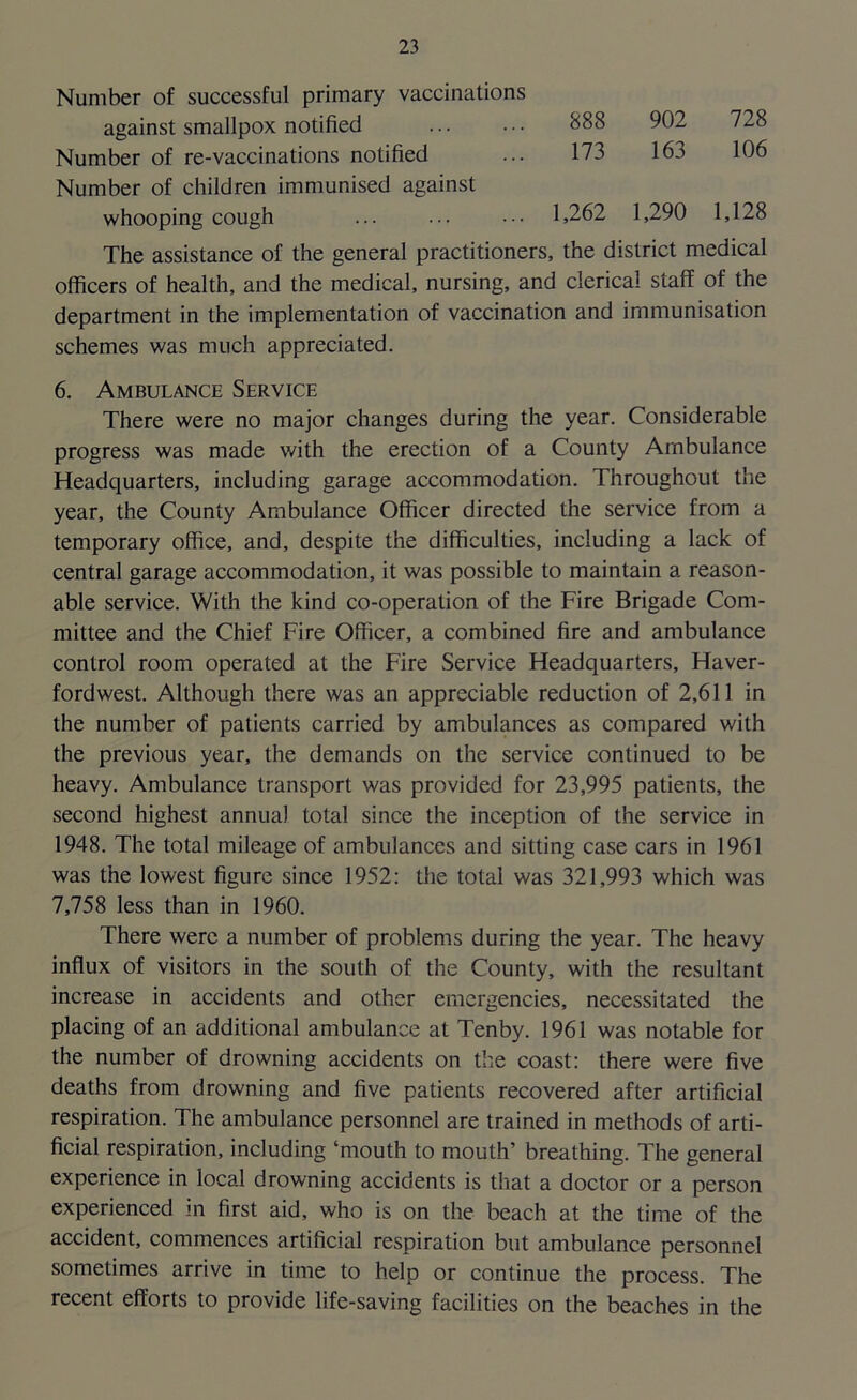 Number of successful primary vaccinations against smallpox notified Number of re-vaccinations notified Number of children immunised against whooping cough 888 902 728 173 163 106 1,262 1,290 1,128 The assistance of the general practitioners, the district medical officers of health, and the medical, nursing, and clerical staff of the department in the implementation of vaccination and immunisation schemes was much appreciated. 6. Ambulance Service There were no major changes during the year. Considerable progress was made with the erection of a County Ambulance Headquarters, including garage accommodation. Throughout the year, the County Ambulance Officer directed the service from a temporary office, and, despite the difficulties, including a lack of central garage accommodation, it was possible to maintain a reason- able service. With the kind co-operation of the Fire Brigade Com- mittee and the Chief Fire Officer, a combined fire and ambulance control room operated at the Fire Service Headquarters, Haver- fordwest. Although there was an appreciable reduction of 2,611 in the number of patients carried by ambulances as compared with the previous year, the demands on the service continued to be heavy. Ambulance transport was provided for 23,995 patients, the second highest annua) total since the inception of the service in 1948. The total mileage of ambulances and sitting case cars in 1961 was the lowest figure since 1952: the total was 321,993 which was 7,758 less than in 1960. There were a number of problems during the year. The heavy influx of visitors in the south of the County, with the resultant increase in accidents and other emergencies, necessitated the placing of an additional ambulance at Tenby. 1961 was notable for the number of drowning accidents on the coast: there were five deaths from drowning and five patients recovered after artificial respiration. The ambulance personnel are trained in methods of arti- ficial respiration, including ‘mouth to mouth’ breathing. The general experience in local drowning accidents is that a doctor or a person experienced in first aid, who is on the beach at the time of the accident, commences artificial respiration but ambulance personnel sometimes arrive in time to help or continue the process. The recent efforts to provide life-saving facilities on the beaches in the