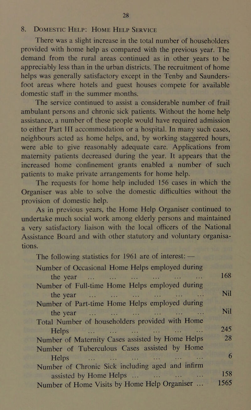 8. Domestic Help: Home Help Service There was a slight increase in the total number of householders provided with home help as compared with the previous year. The demand from the rural areas continued as in other years to be appreciably less than in the urban districts. The recruitment of home helps was generally satisfactory except in the Tenby and Saunders- foot areas where hotels and guest houses compete for available domestic staff in the summer months. The service continued to assist a considerable number of frail ambulant persons and chronic sick patients. Without the home help assistance, a number of these people would have required admission to either Part III accommodation or a hospital. In many such cases, neighbours acted as home helps, and, by working staggered hours, were able to give reasonably adequate care. Applications from maternity patients decreased during the year. It appears that the increased home confinement grants enabled a number of such patients to make private arrangements for home help. The requests for home help included 156 cases in which the Organiser was able to solve the domestic difficulties without the provision of domestic help. As in previous years, the Home Help Organiser continued to undertake much social work among elderly persons and maintained a very satisfactory liaison with the local officers of the National Assistance Board and with other statutory and voluntary organisa- tions. The following statistics for 1961 are of interest: — Number of Occasional Home Helps employed during the year Number of Full-time Home Helps employed during the year Number of Part-time Home Helps employed during the year Total Number of householders provided with Home Helps Number of Maternity Cases assisted by Home Helps Number of Tuberculous Cases assisted by Home Helps Number of Chronic Sick including aged and infirm assisted by Home Helps Number of Home Visits by Home Help Organiser ... 168 Nil Nil 245 28 6 158 1565