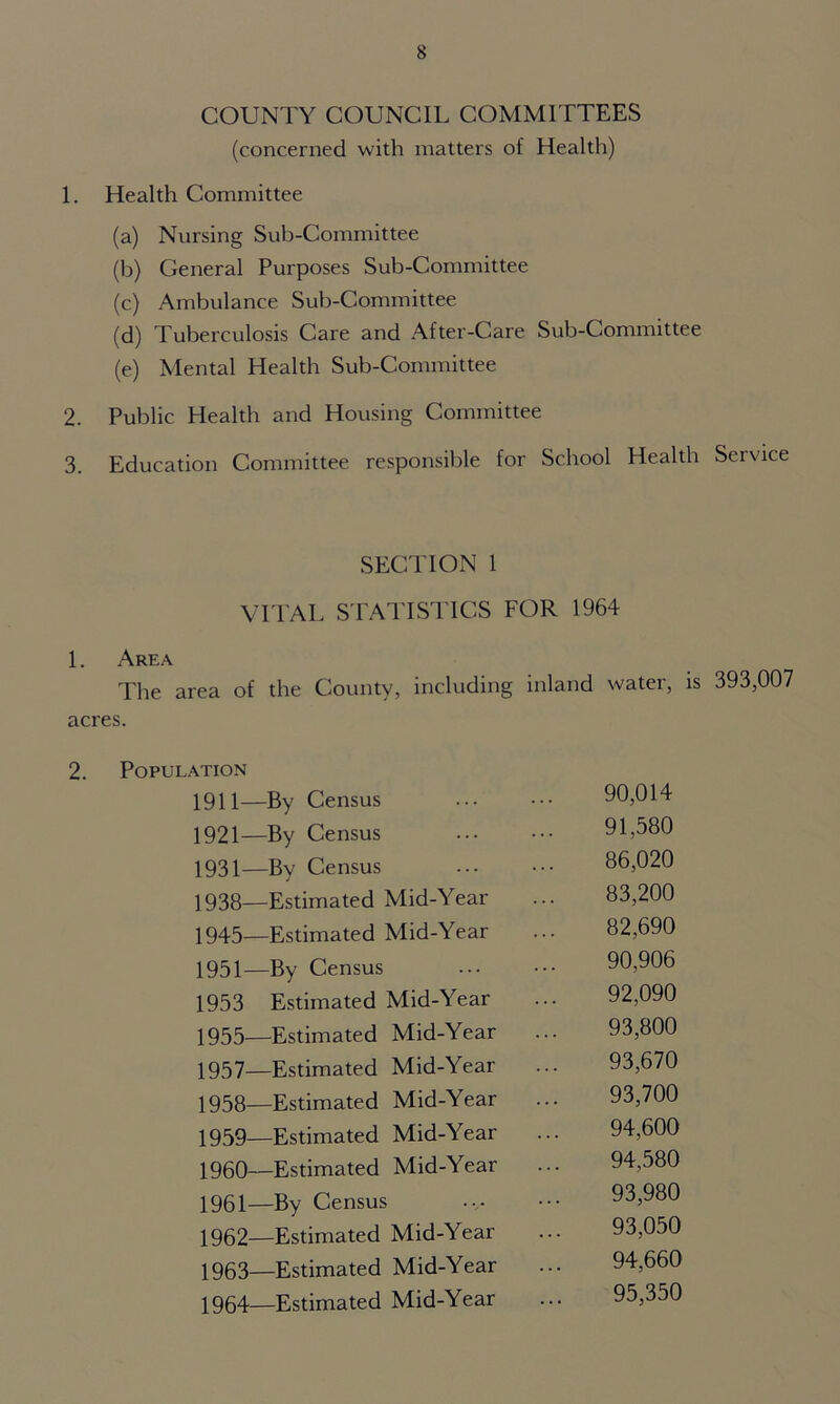 COUNTY COUNCIL COMMITTEES (concerned with matters of Health) 1. Health Committee (a) Nursing Sub-Committee (b) General Purposes Sub-Committee (c) Ambulance Sub-Committee (d) Tuberculosis Care and After-Care Sub-Committee (e) Mental Health Sub-Committee 2. Public Health and Housing Committee 3. Education Committee responsible for School Health Service SECTION 1 VITAL STATISTICS FOR 1964 1. Area The area of the County, including inland water, is 393,007 acres. 2. Population 1911—By Census 90,014 1921—By Census 91,580 1931—By Census 86,020 1938—Estimated Mid-Year 83,200 1945—Estimated Mid-Year 82,690 1951—By Census 90,906 1953 Estimated Mid-Year 92,090 1955—Estimated Mid-Year 93,800 1957—Estimated Mid-Year 93,670 1958—Estimated Mid-Year 93,700 1959—Estimated Mid-Year 94,600 I960—Estimated Mid-Year 94,580 1961—By Census 93,980 1962—Estimated Mid-Year 93,050 1963—Estimated Mid-Year 94,660 1964—Estimated Mid-Year 95,350