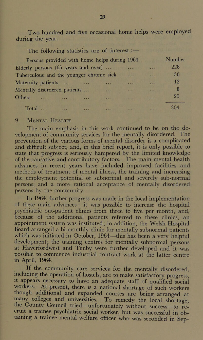 Two hundred and five occasional home helps were employed during the year. The following statistics are of interest:— Persons provided with home helps during 1964 Number Elderly persons (65 years and over) ... ... ... 228 Tuberculous and the younger chronic sick ... ... 36 Maternity patients ... ... ... ... ••• 12 Mentally disordered patients ... ... ... ... 8 Others ... ... ... ... ... ••• 20 Total ... ... ... ... ... ... 304 9. Mental Health The main emphasis in this work continued to be on the de- velopment of community services for the mentally disordered. The prevention of the various forms of mental disorder is a complicated and difficult subject, and, in this brief report, it is only possible to state that progress is seriously hampered by the limited knowledge of the causative and contributory factors. The main mental health advances in recent years have included improved facilities and methods of treatment of mental illness, the training and increasing tire employment potential of subnormal and severely sub-normal persons, and a more rational acceptance of mentally disordered persons by the community. In 1964, further progress was made in the local implementation of these main advances : it was possible to increase the hospital psychiatric out-patient clinics from three to five per month, and, because of the additional patients referred to these clinics, an appointment system was instituted; in addition, the Welsh Hospital Board arranged a bi-monthly clinic for mentally subnormal patients which was initiated in October, 1964—this has been a very helpful development; the training centres for mentally subnormal persons at Haverfordwest and Tenby were further developed and it was possible to commence industrial contract work at the latter centre in April, 1964. If the community care services for the mentally disordered, including the operation of hostels, are to make satisfactory progress, it appears necessary to have an adequate staff of qualified social workers. At present, there is a national shortage of such workers though additional and expanded courses are being arranged at many colleges and universities. To remedy the local shortage, the County Council tried—unfortunately without success—to re- cruit a trainee psychiatric social worker, but was successful in ob- taining a trainee mental welfare officer who was seconded in Sep-